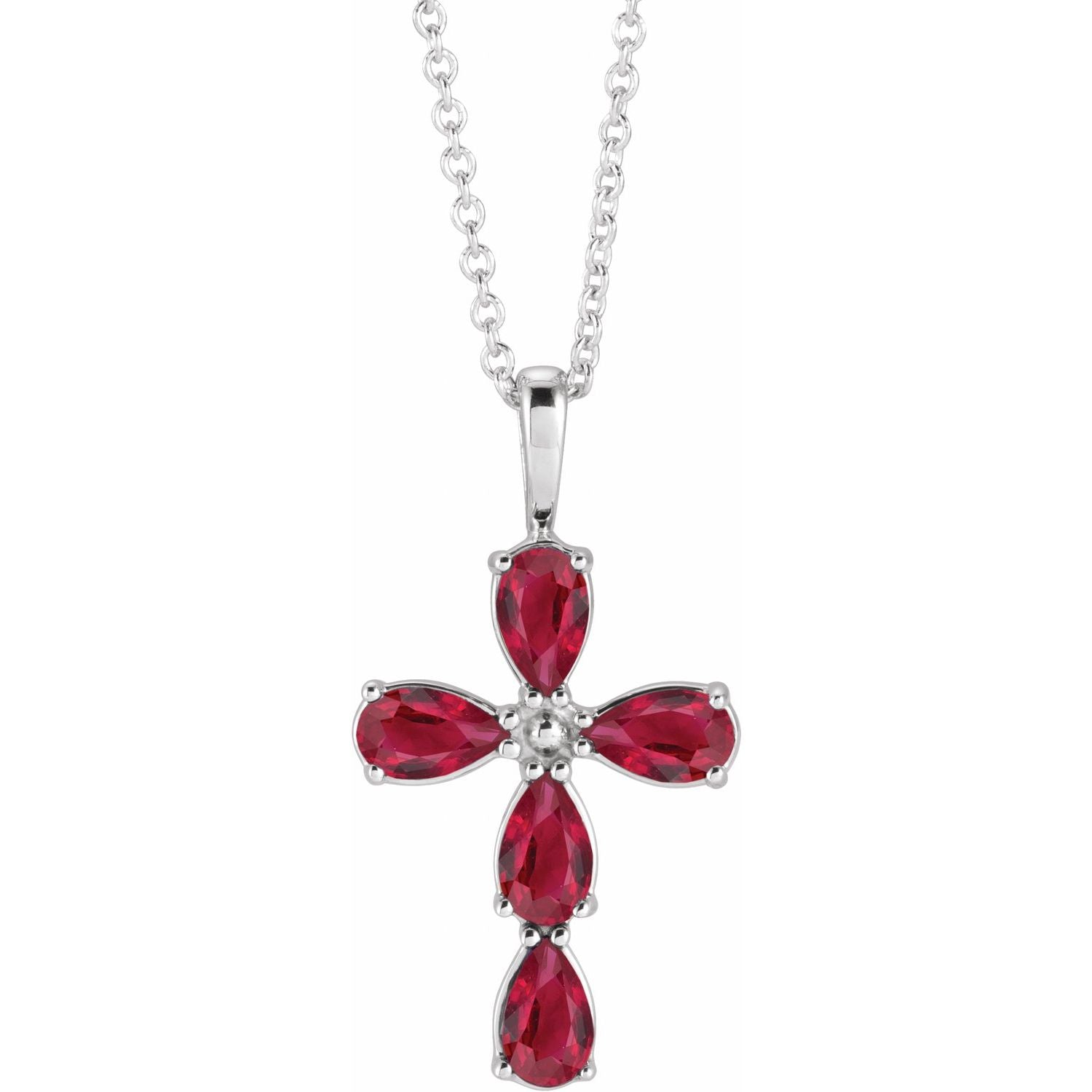 14K White Gold pear lab-grown ruby cross necklace