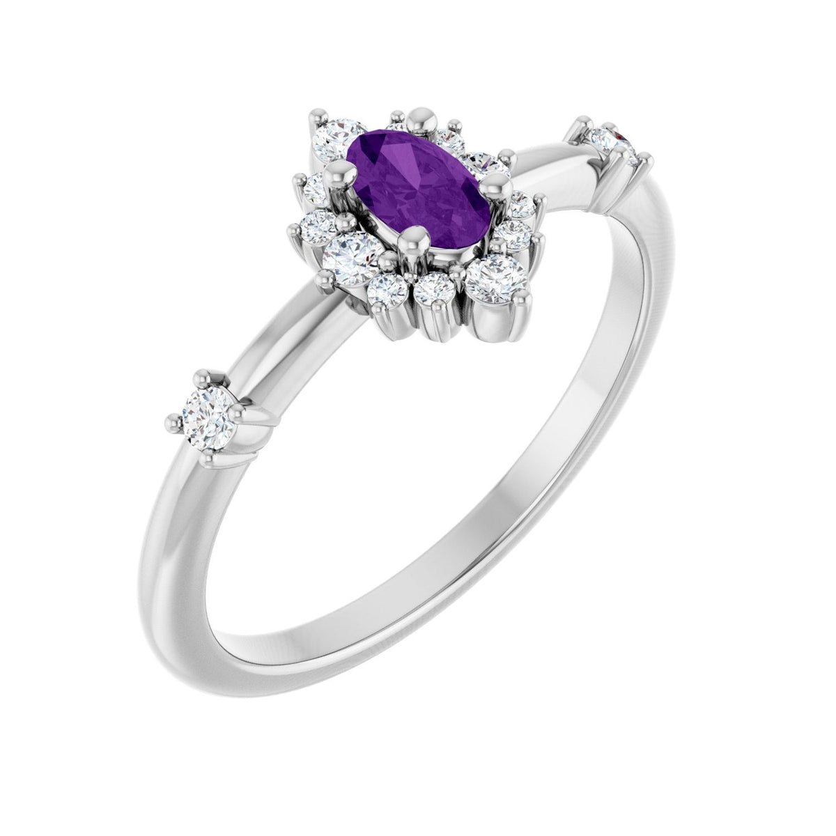 Oval-Cut Amethyst & Diamond Halo Ring (1/6 ctw) in 14K White Gold