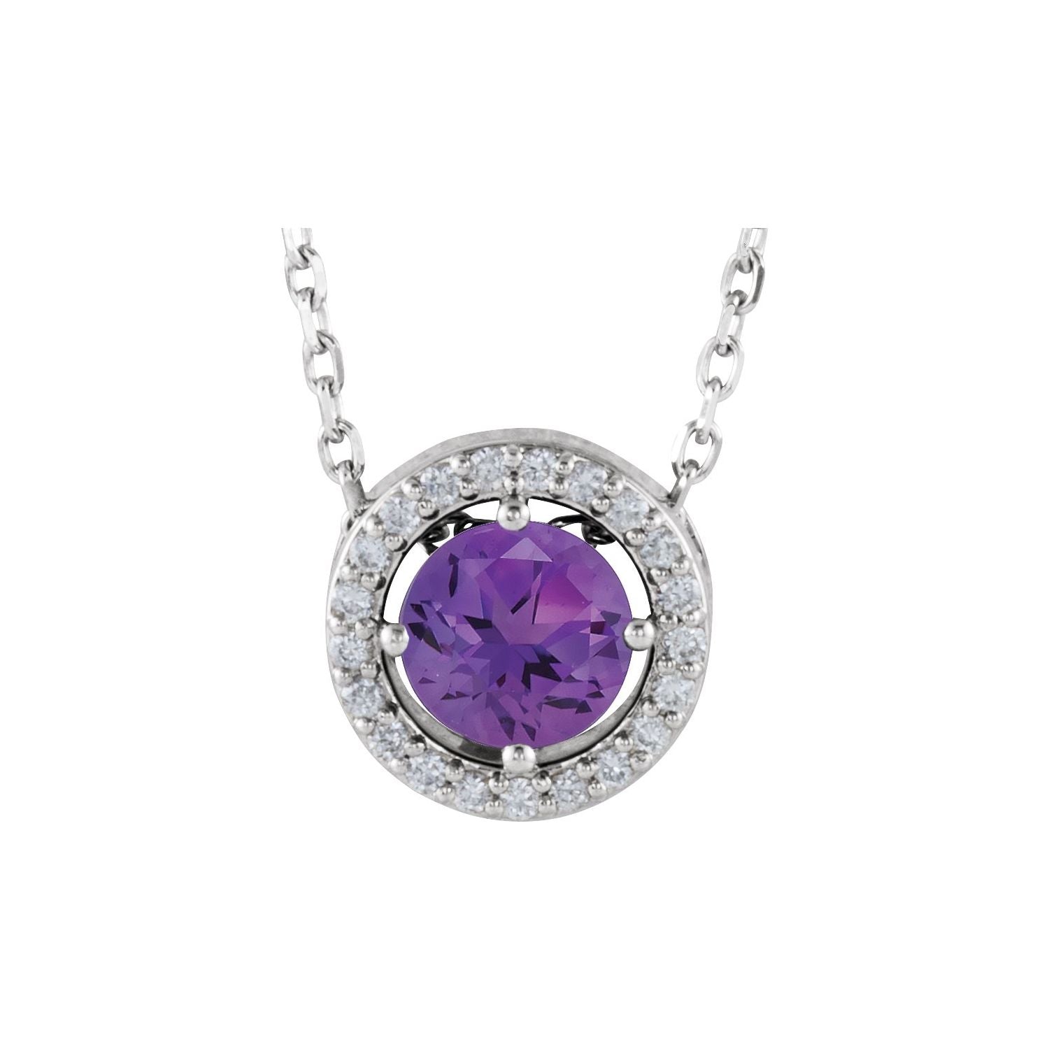 Amethyst & Diamond Halo Necklace 16" (0.05 ctw) in 14K White Gold