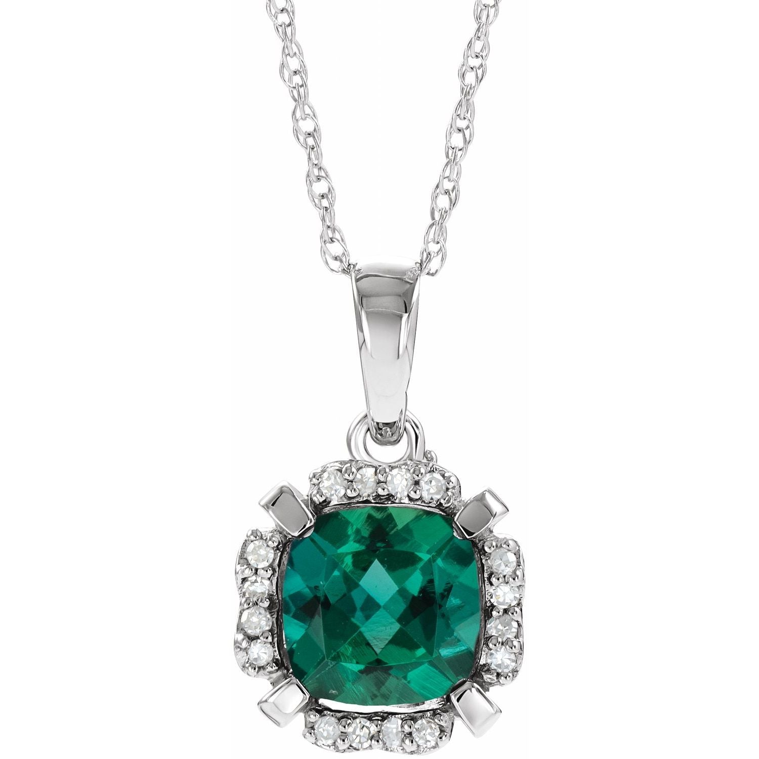 Cushion Emerald & Diamond Necklace 14k White Gold 18" (0.04 ctw) in 14K White Gold
