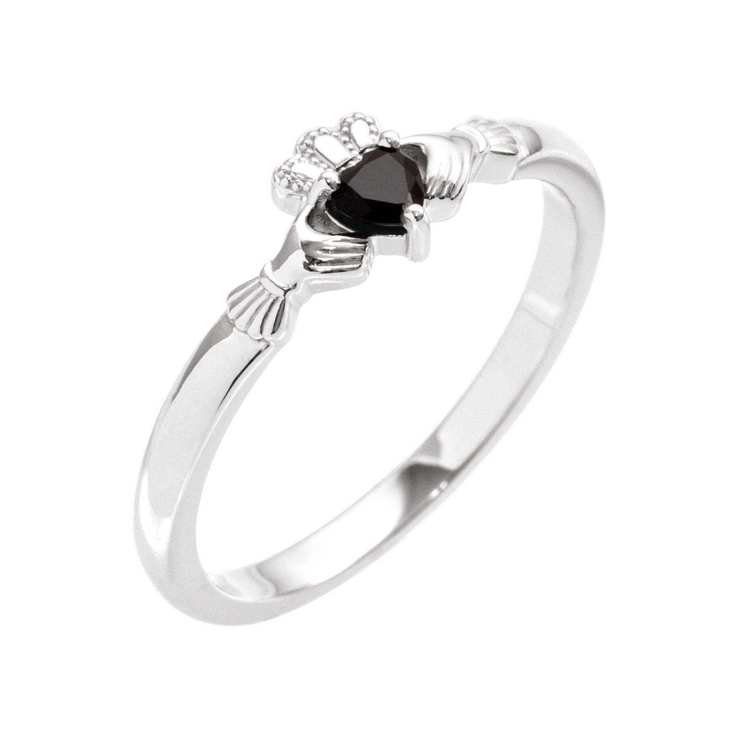 Black Onyx Claddagh Ring in 14K White Gold - natural black onyx