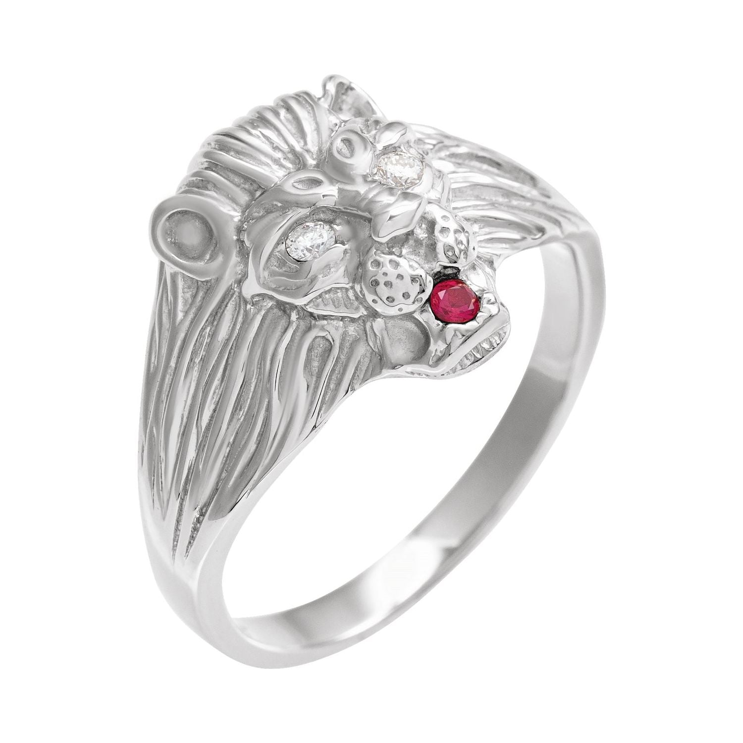 Men's Lion Head Ring, Diamond and Ruby shown in 14K White Gold