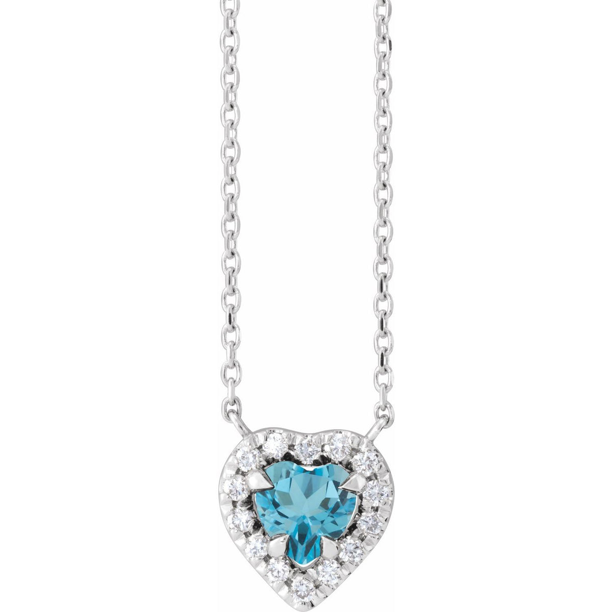 blue topaz and diamond french-set halo heart pendant, 14K White Gold