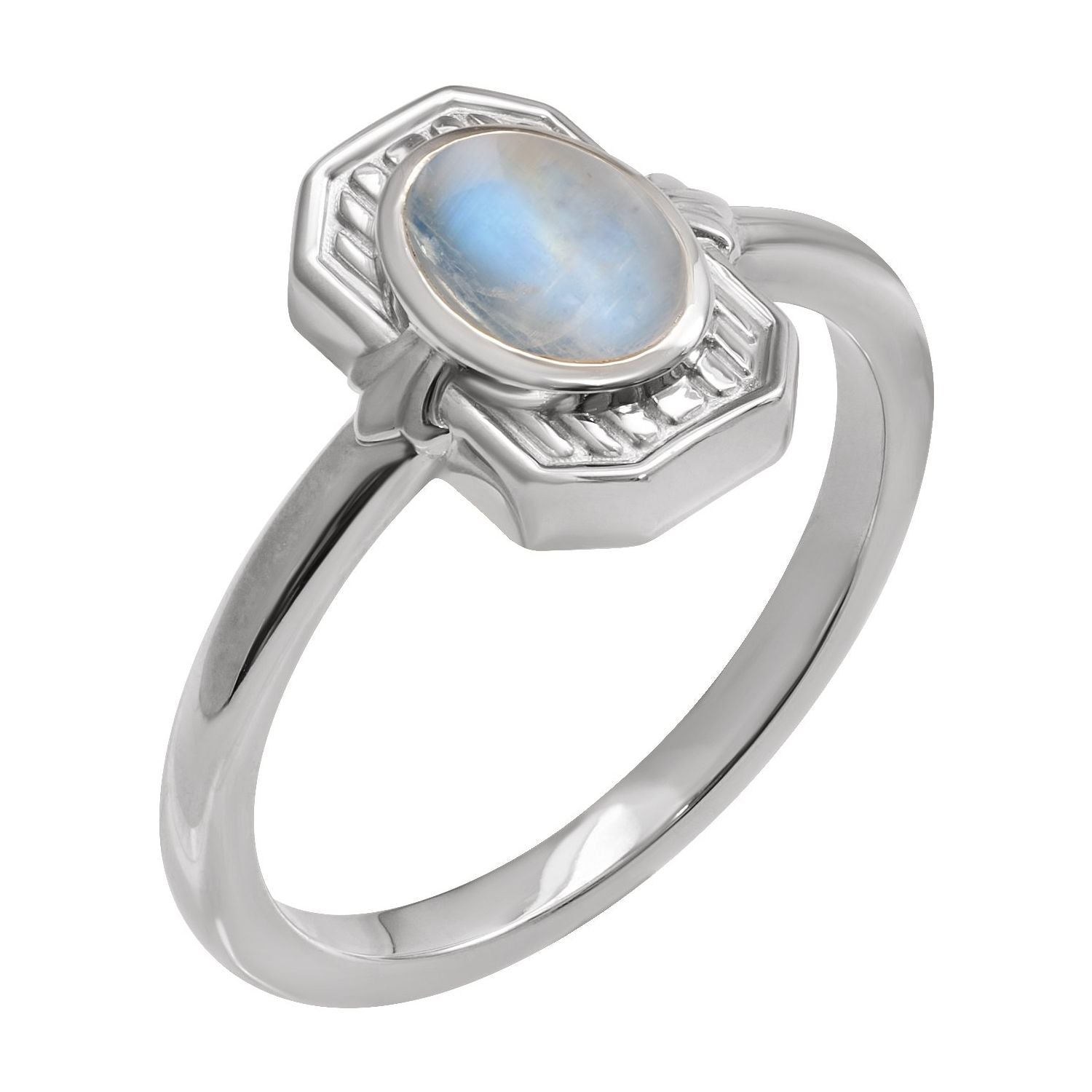 Rainbow Moonstone Cabochon Solitaire Ring in 14K White Gold - natural rainbow moonstone