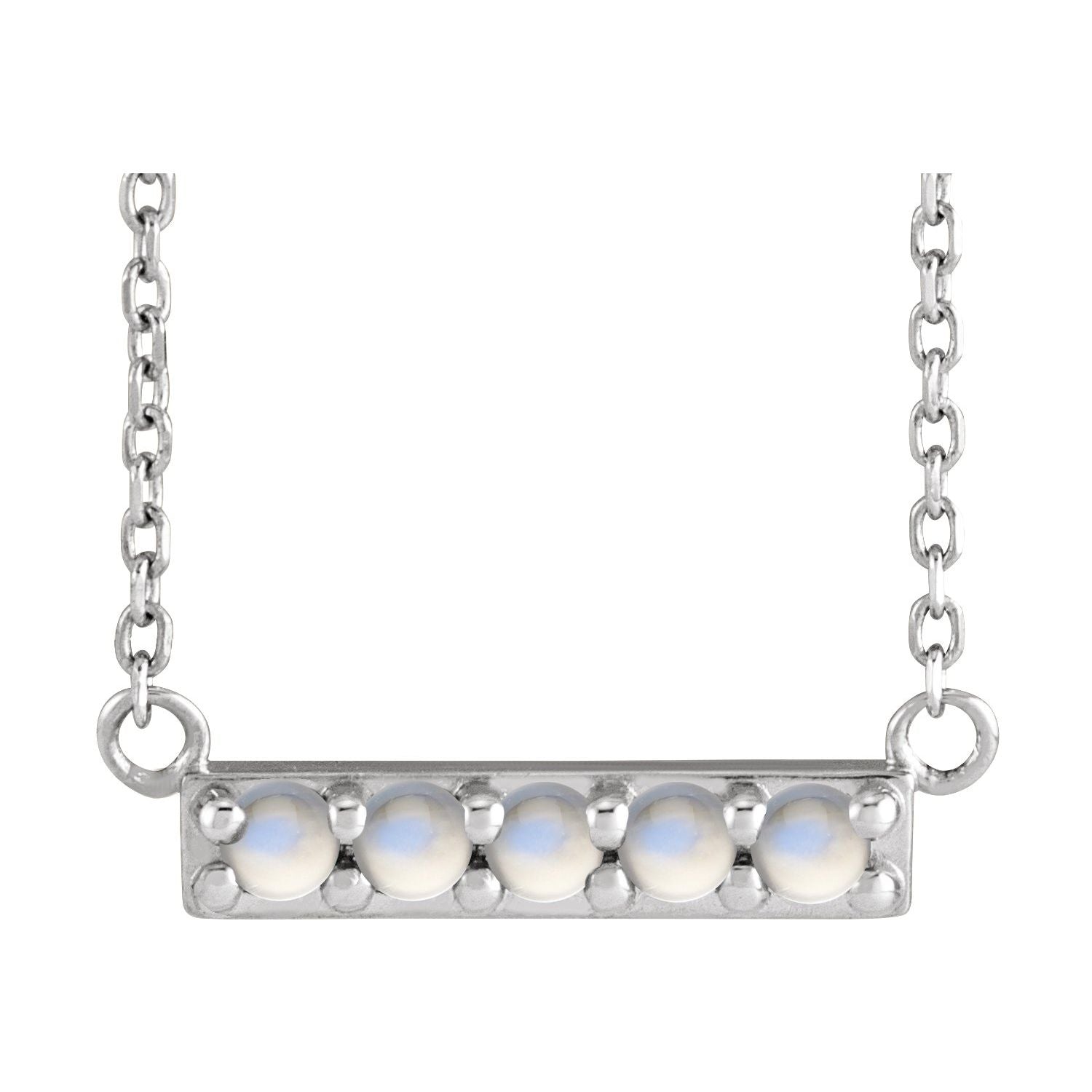 14K White Gold Rainbow Moonstone Cabochon Bar Necklace