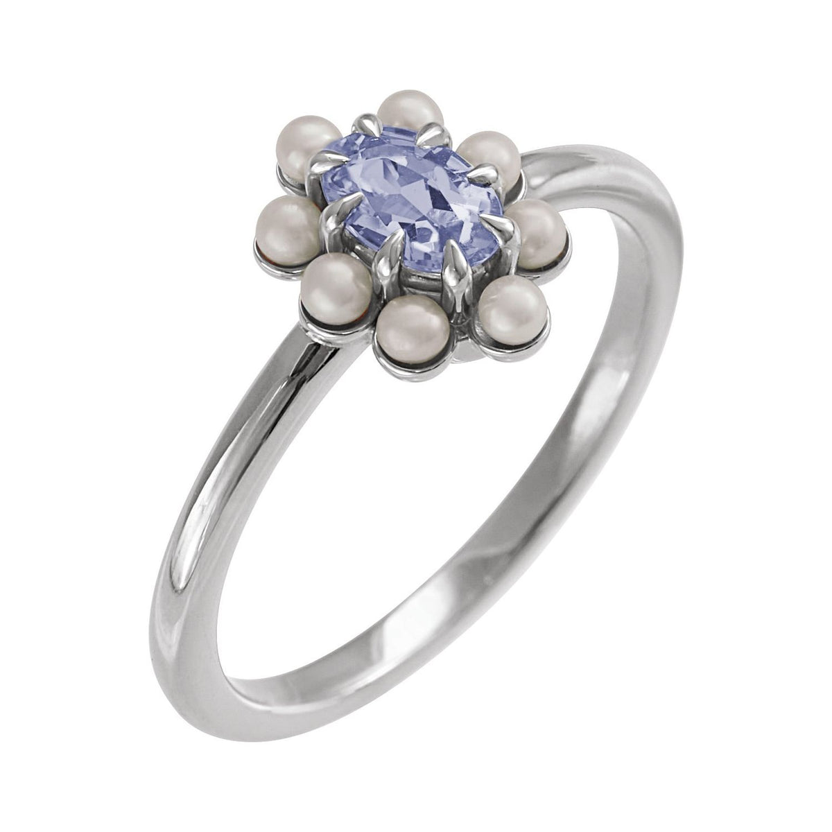 Natural Tanzanite & Cultured Seed Pearl Halo Ring in 14K White Gold - natural tanzanite
