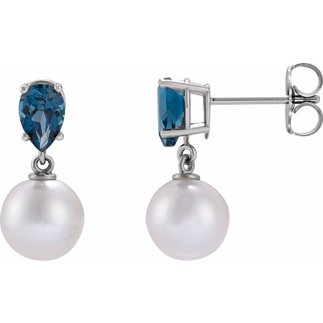 akoya pearl & tanzanite drop earrings in 14k white gold