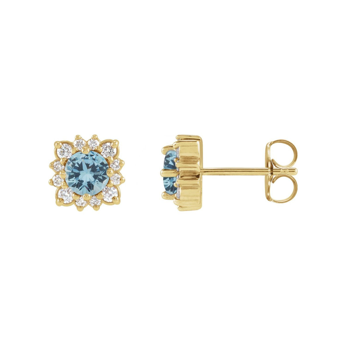 14K Yellow Gold natural aquamarine round earrings