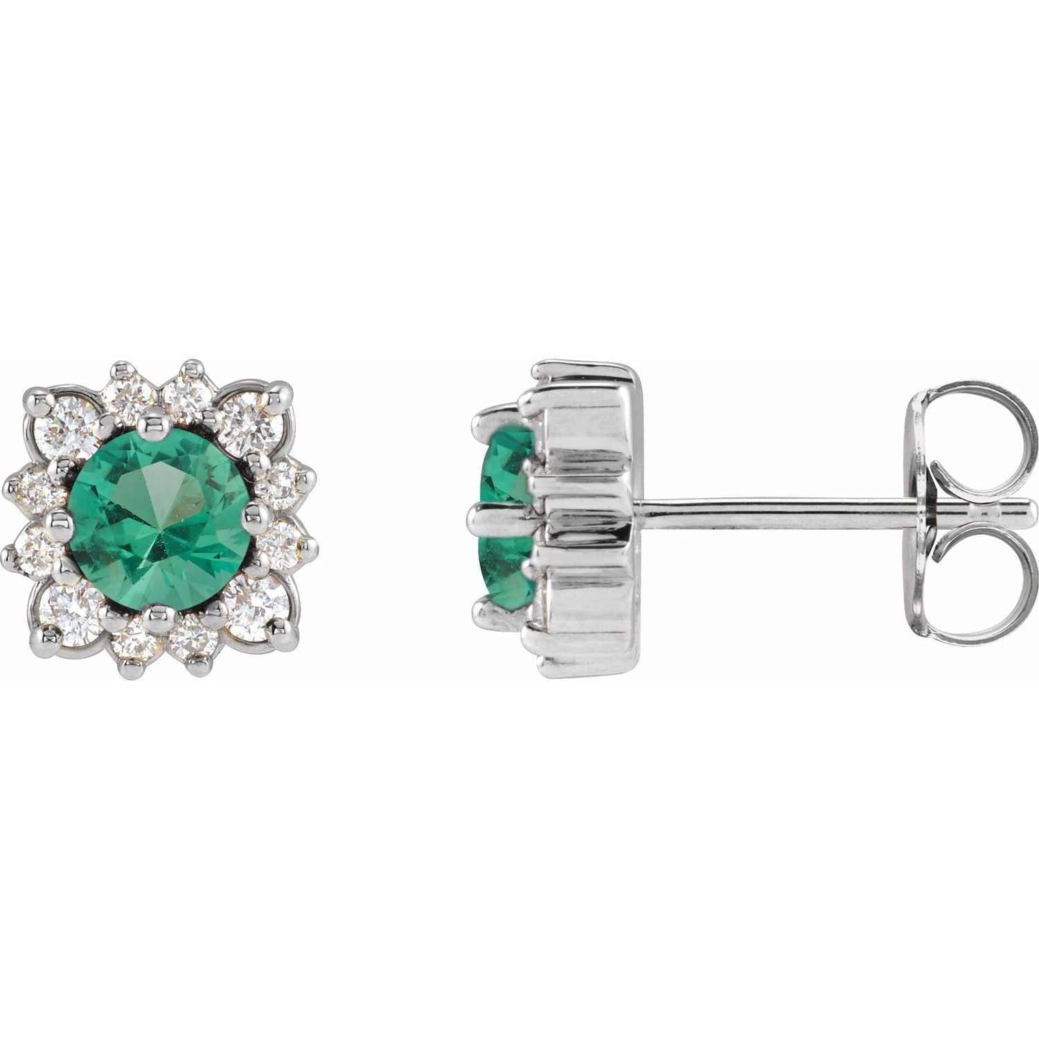 14K White Gold round natural emerald halo stud earrings