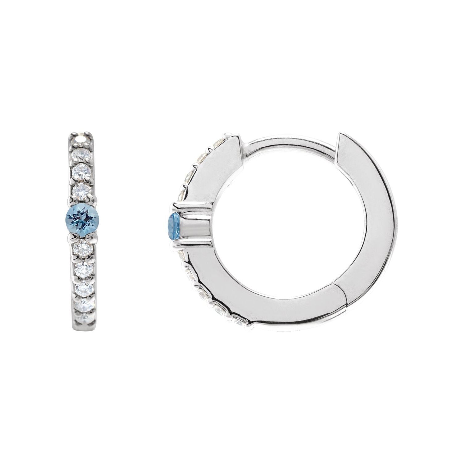 14K White Gold natural aquamarine round hoop earrings