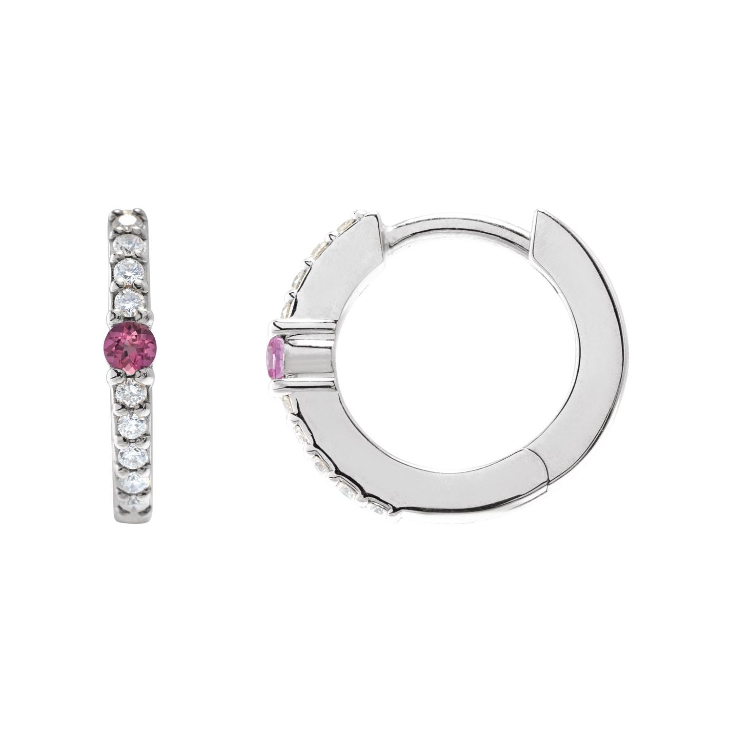 14K White Gold natural pink tourmaline round hoop earrings