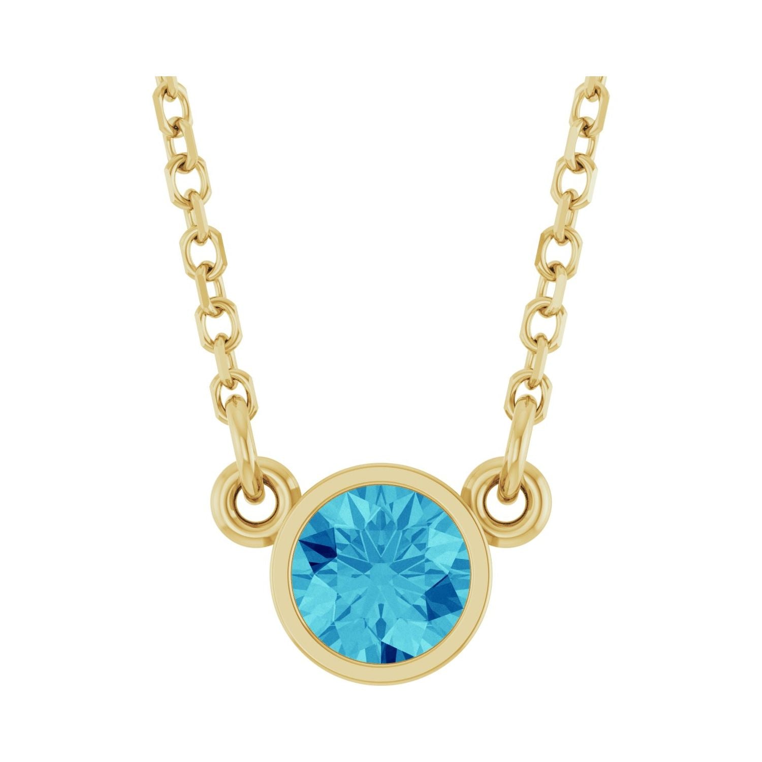 Blue Zircon Round birthstone necklace in 14K Yellow Gold