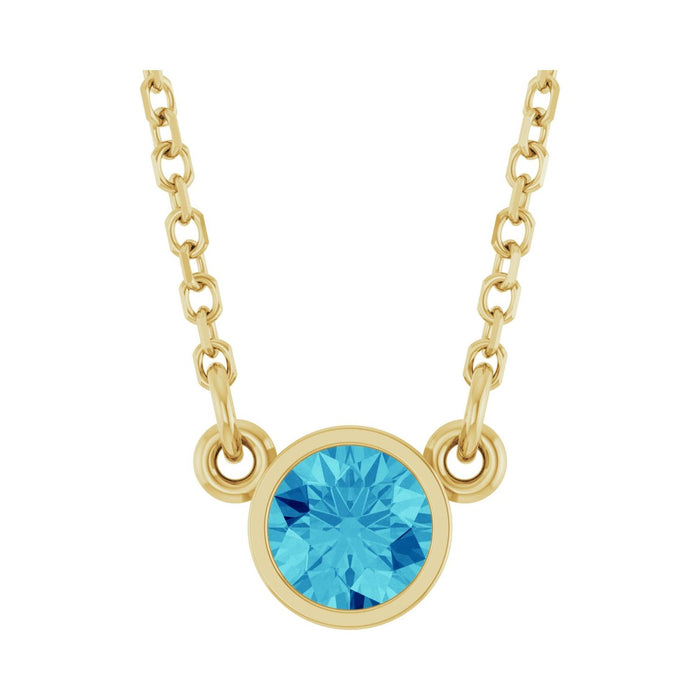Blue Zircon Round birthstone necklace in 14K Yellow Gold