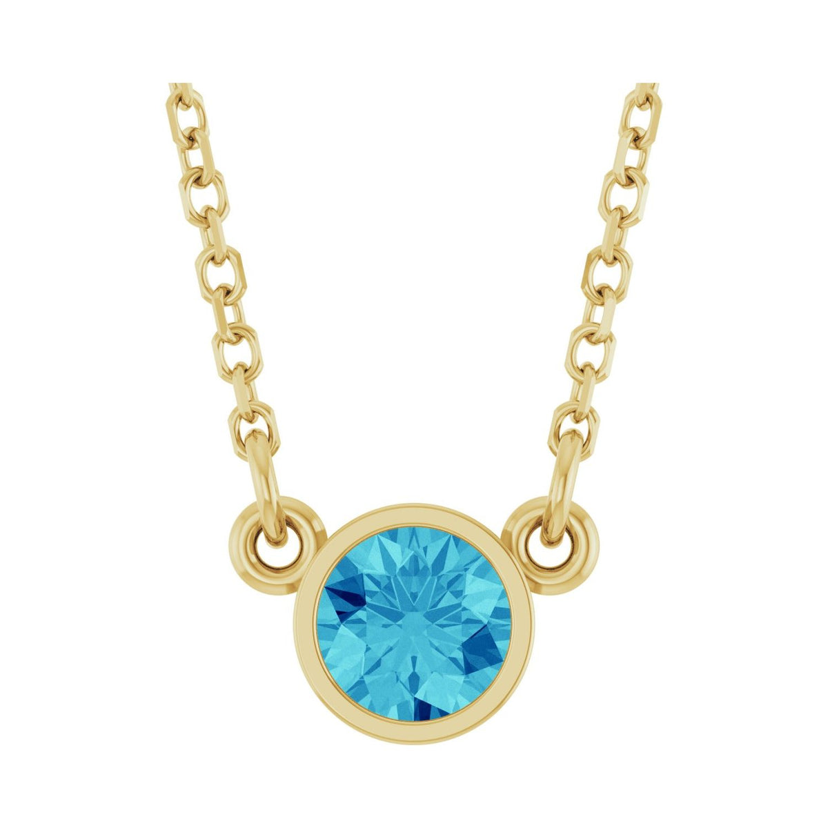 december blue zircon round birthstone necklace in 14k yellow gold