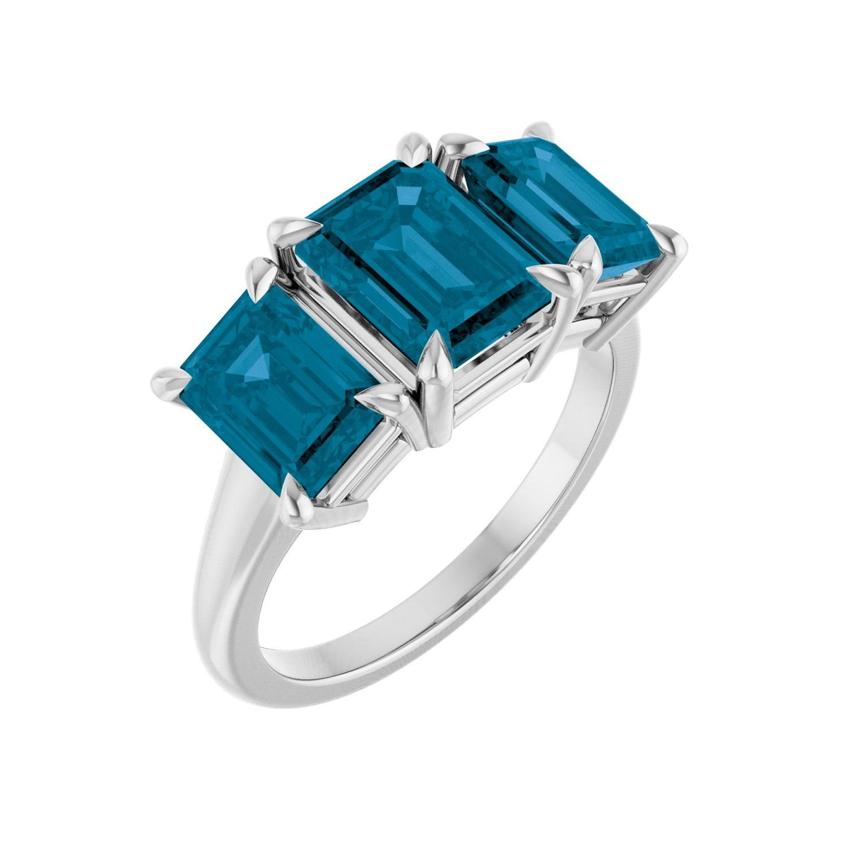 London Blue Topaz Emerald-Cut Three-Stone Ring in 14K White Gold