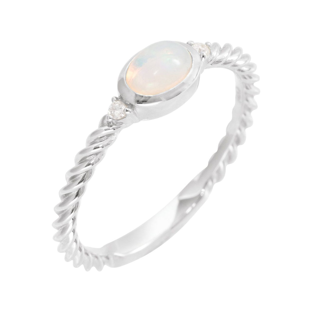 Opal & Diamond Cabochon Ring in 14K White Gold - natural opal