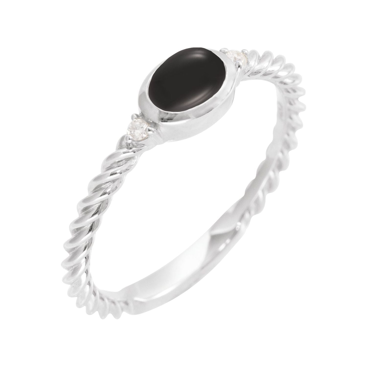 Black Onyx & Diamond Rope Ring in 14K White Gold - natural black onyx