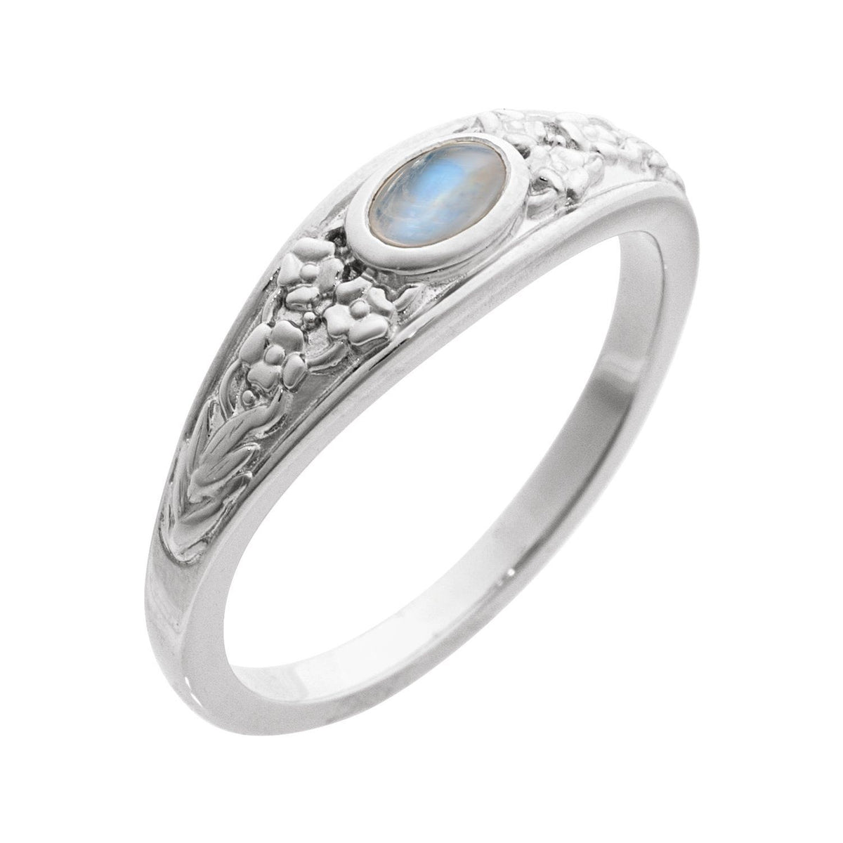 Moonstone Floral Cabochon Ring in 14K White Gold - natural moonstone