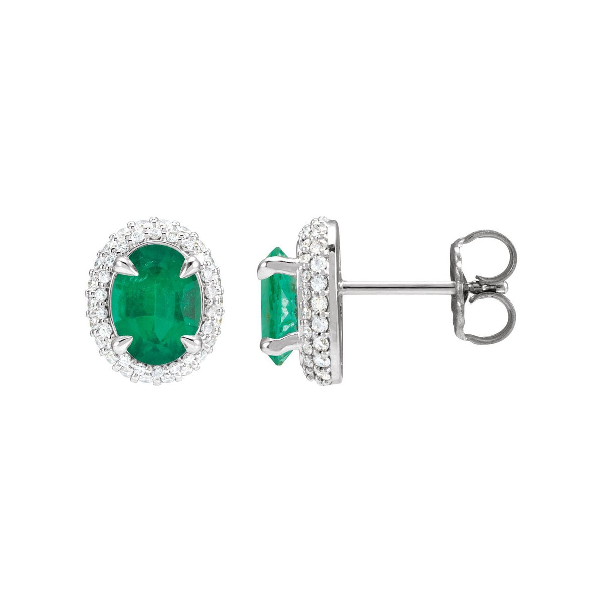 14K White Gold lab-grown emerald oval double halo earrings