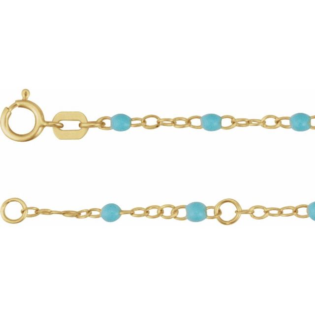2mm turquoise enamel bead adjustable chain necklace in 14k yellow gold, 6-7" adjustable