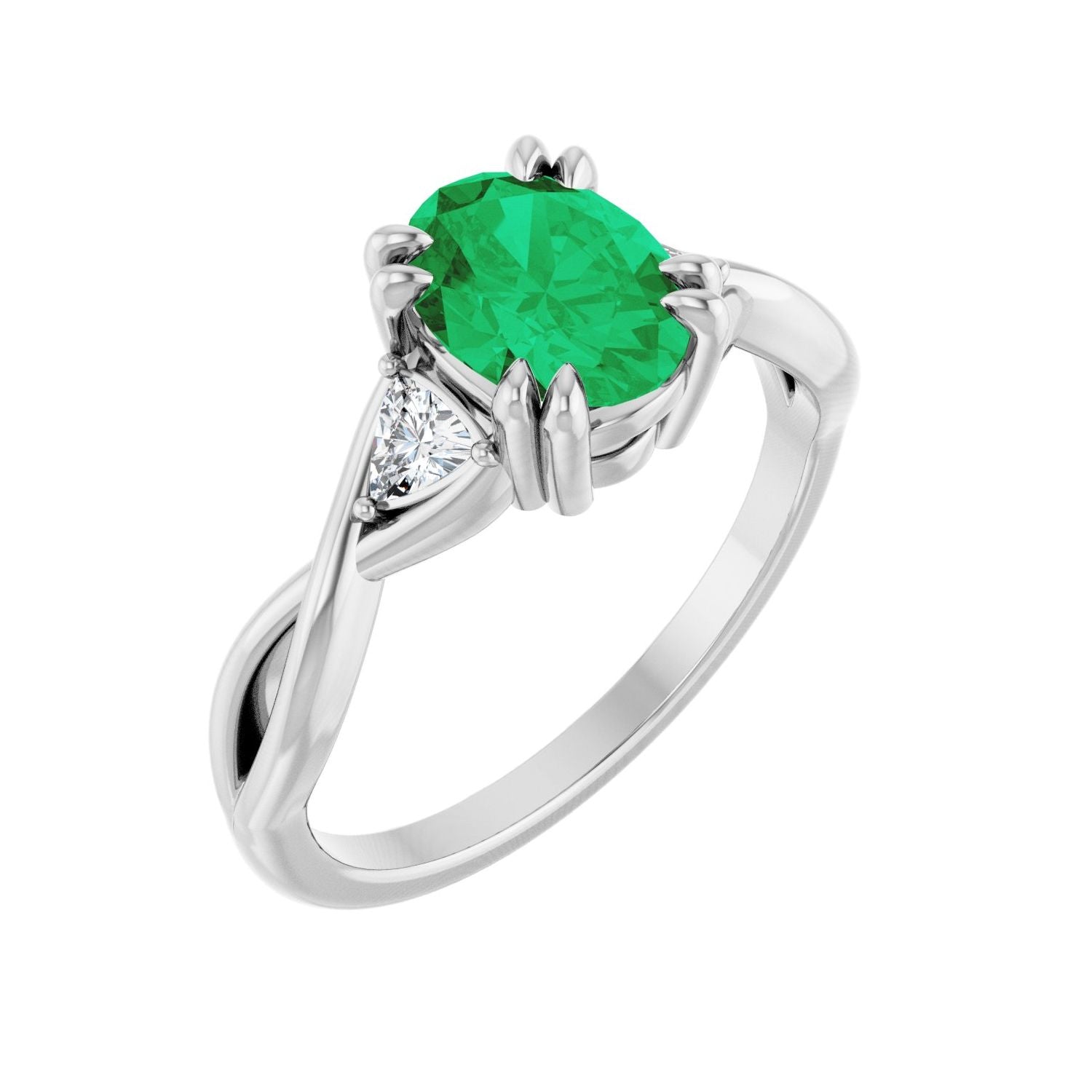 Oval Emerald Double Claw-Prong Three-Stone Engagement Ring in 14K White Gold