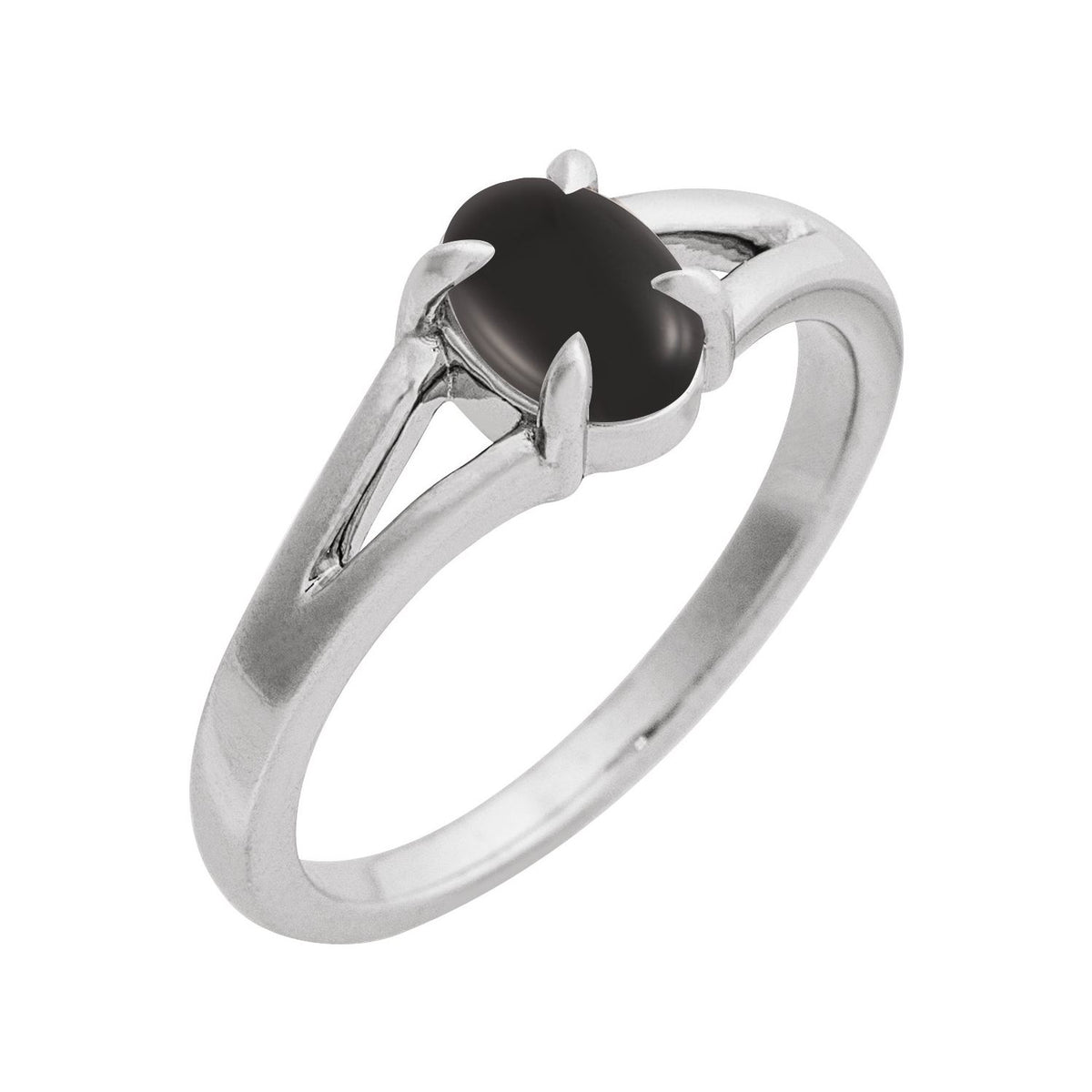 Black Onyx Split-Shank Cabochon Ring in 14K White Gold - natural black onyx