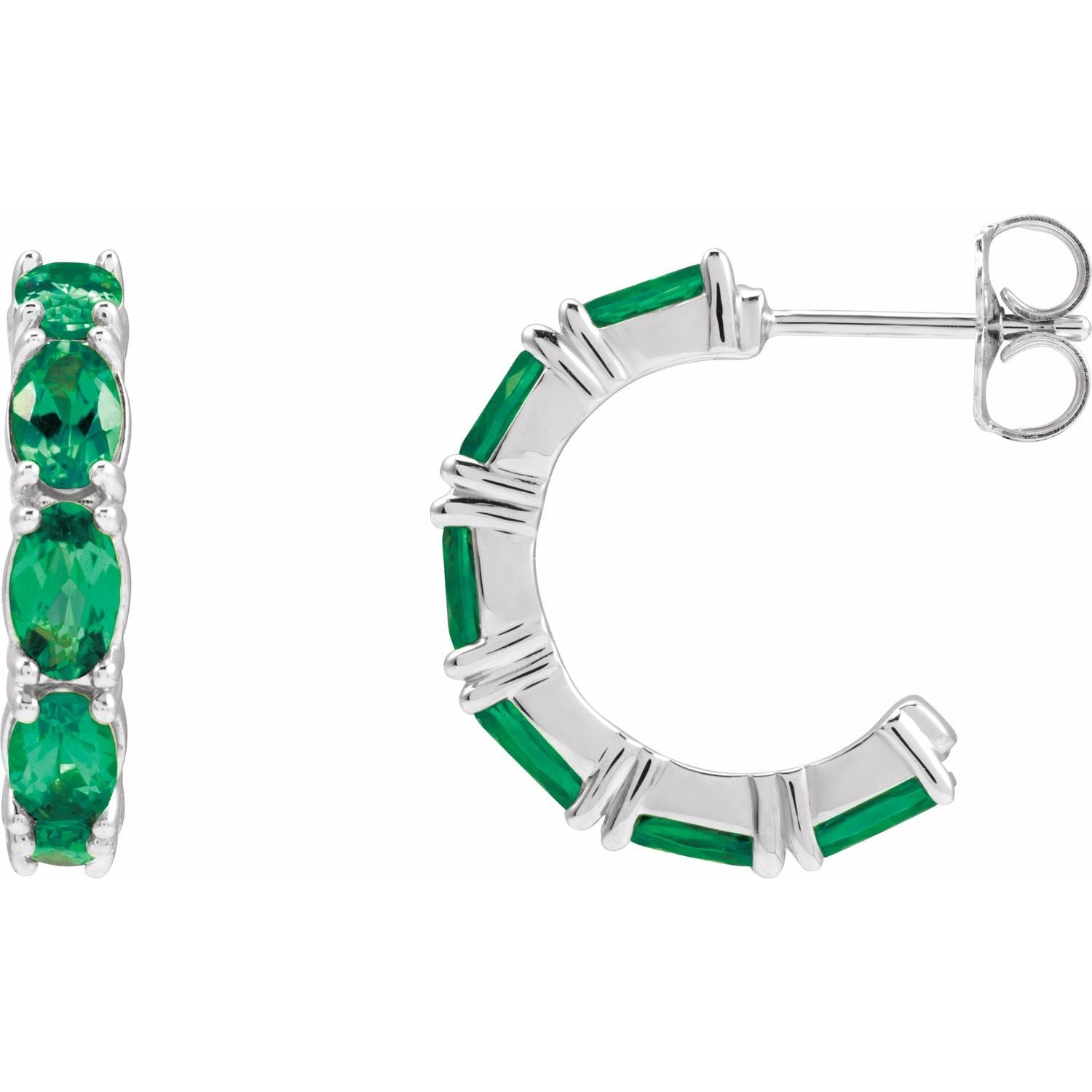 14K White Gold oval natural emerald hoop earrings