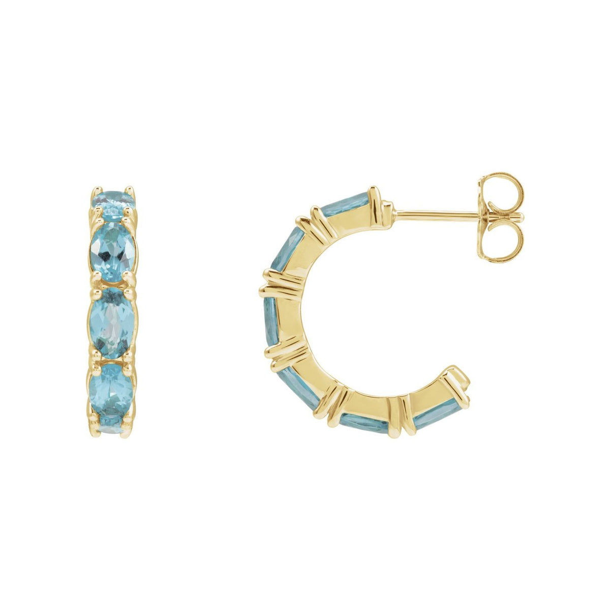 14K Yellow Gold natural aquamarine oval hoop earrings
