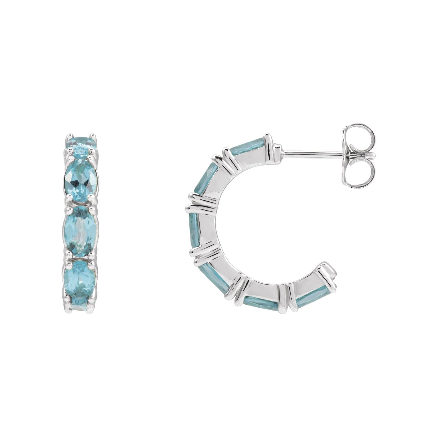 14K White Gold natural aquamarine oval hoop earrings