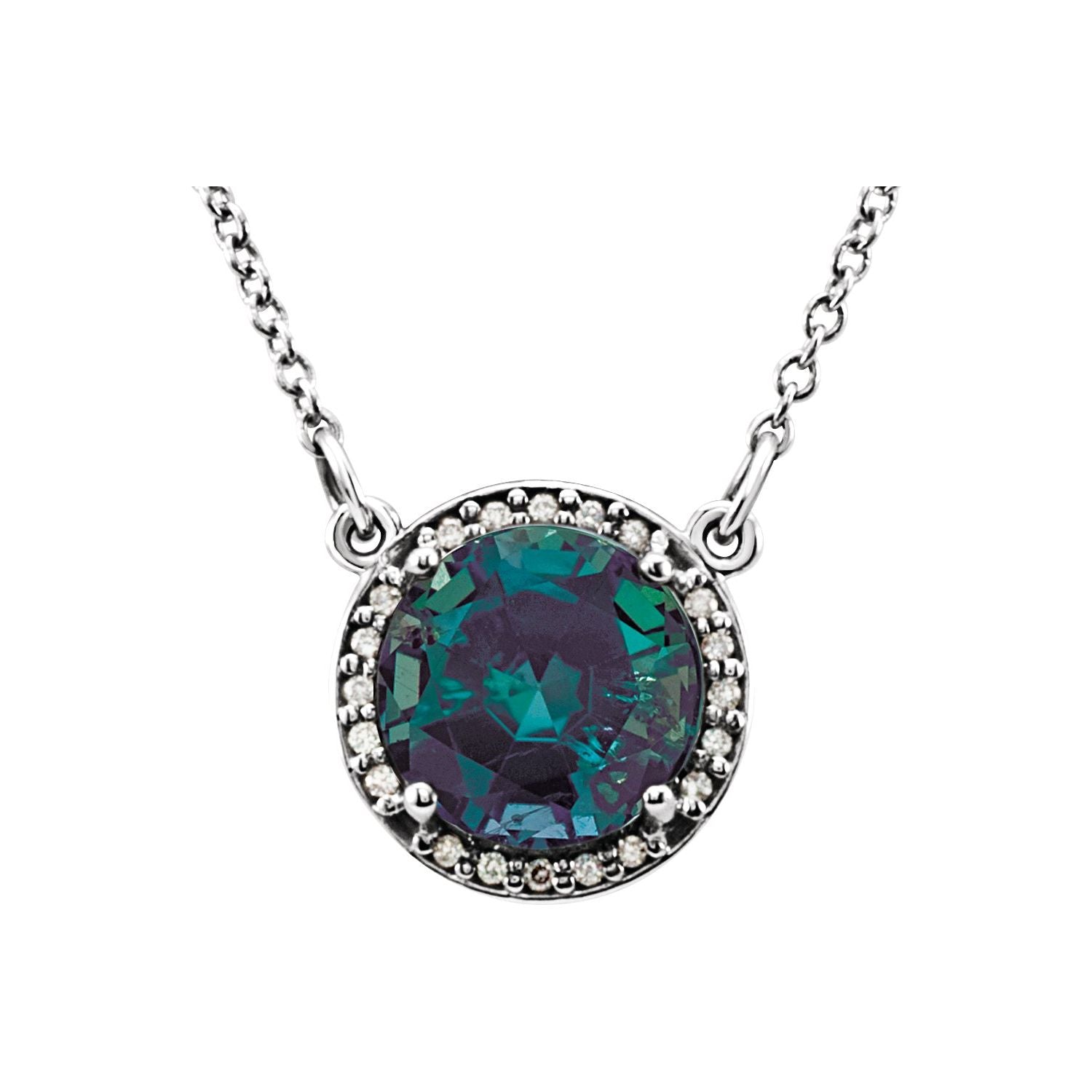 Lab-Grown Alexandrite & Diamond Halo Necklace 6mm 16" in 14K White Gold