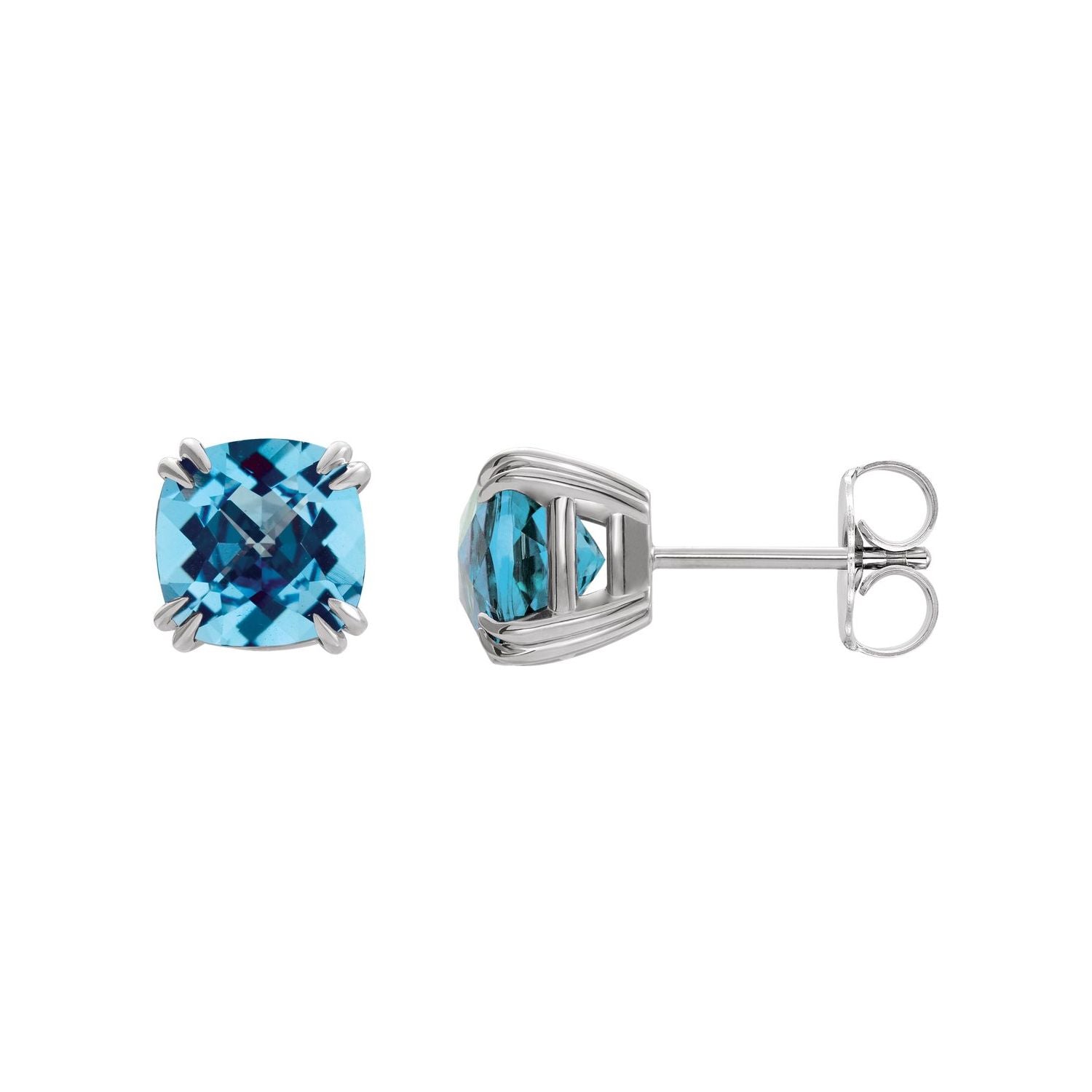 14K White Gold checkerboard cushion Swiss blue topaz stud earrings
