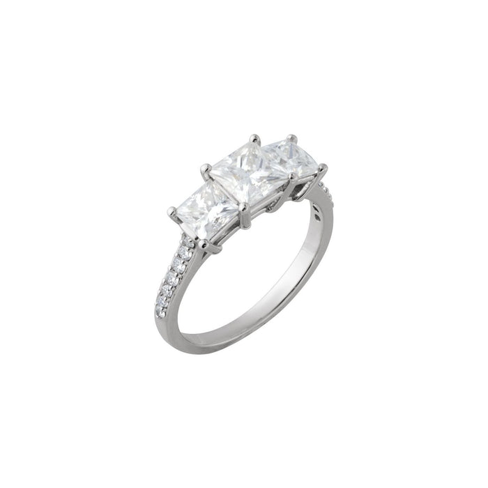 Princess-cut lab-grown diamond three-stone cathedral engagement ring in white gold