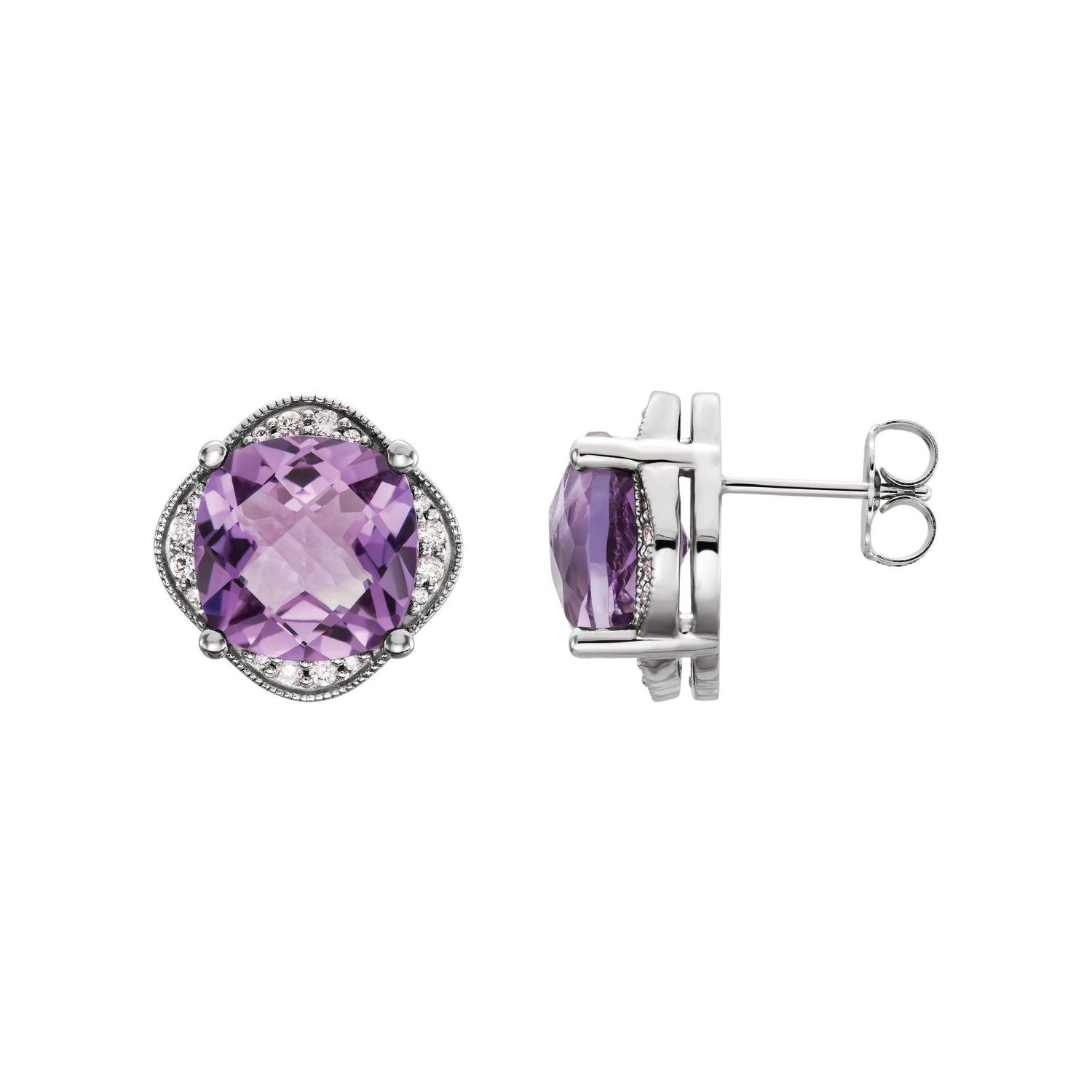 14K White Gold or Platinum cushion natural amethyst 1/5 ct diamond checkerboard earrings