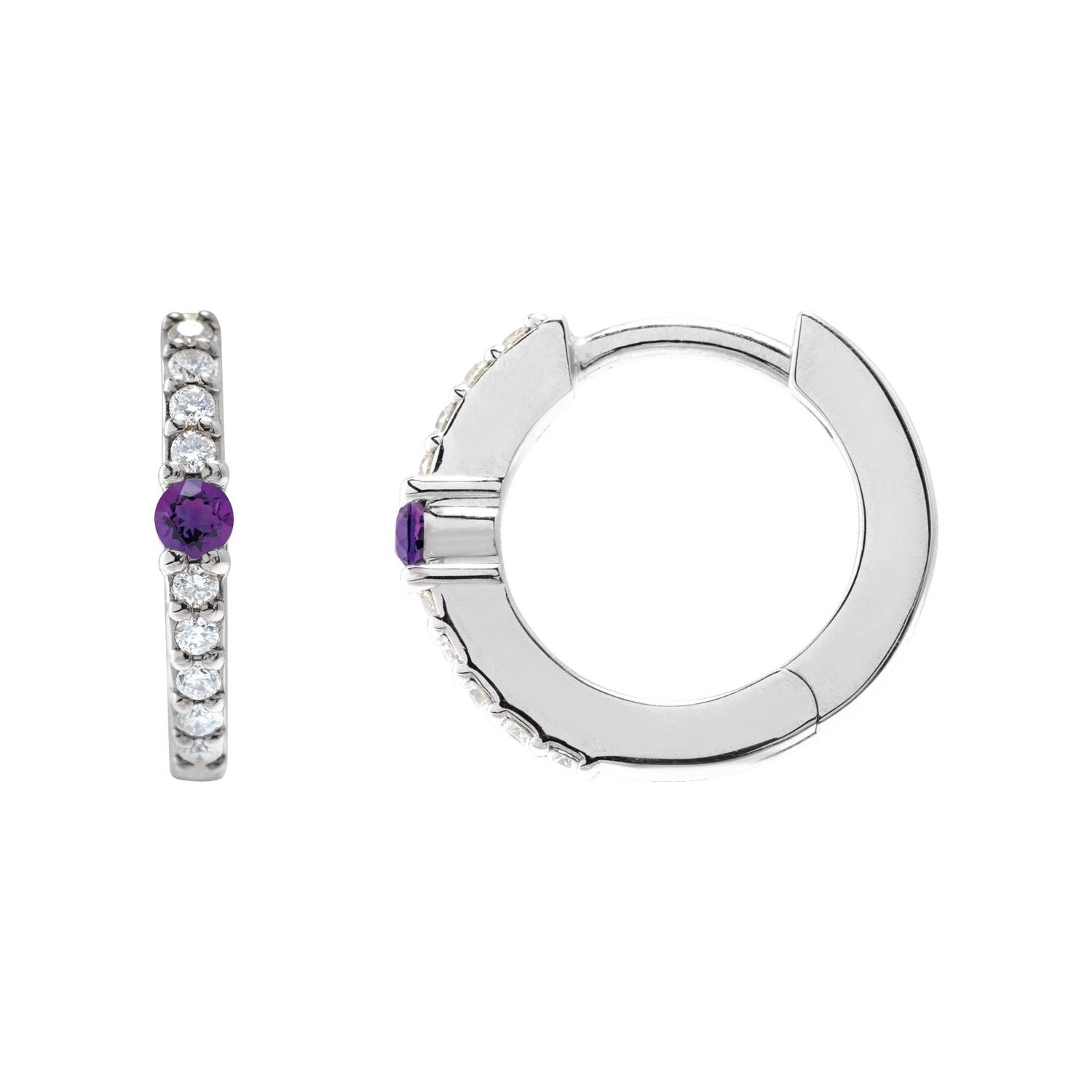 14K White Gold or Platinum round natural amethyst 1/8 ct diamond huggie earrings