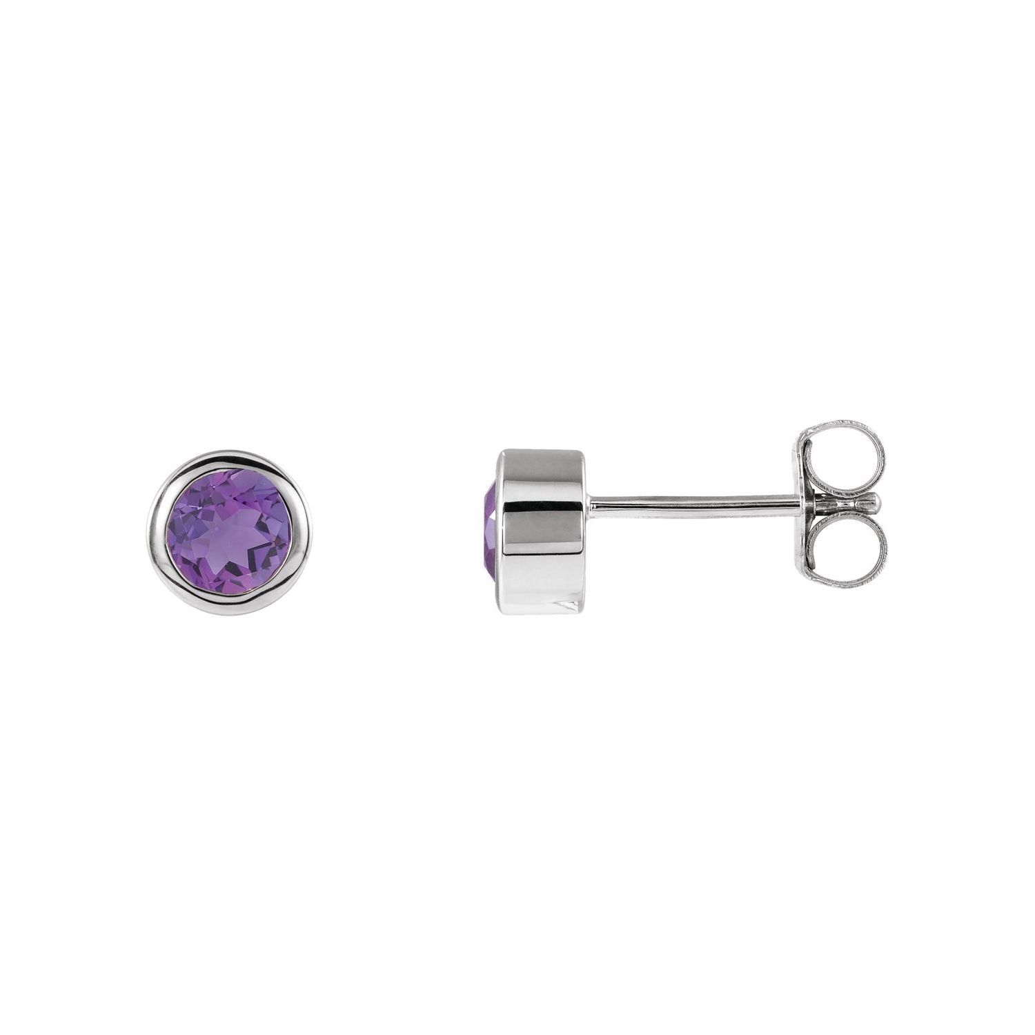 14K White Gold or Platinum round natural amethyst bezel-set stud earrings