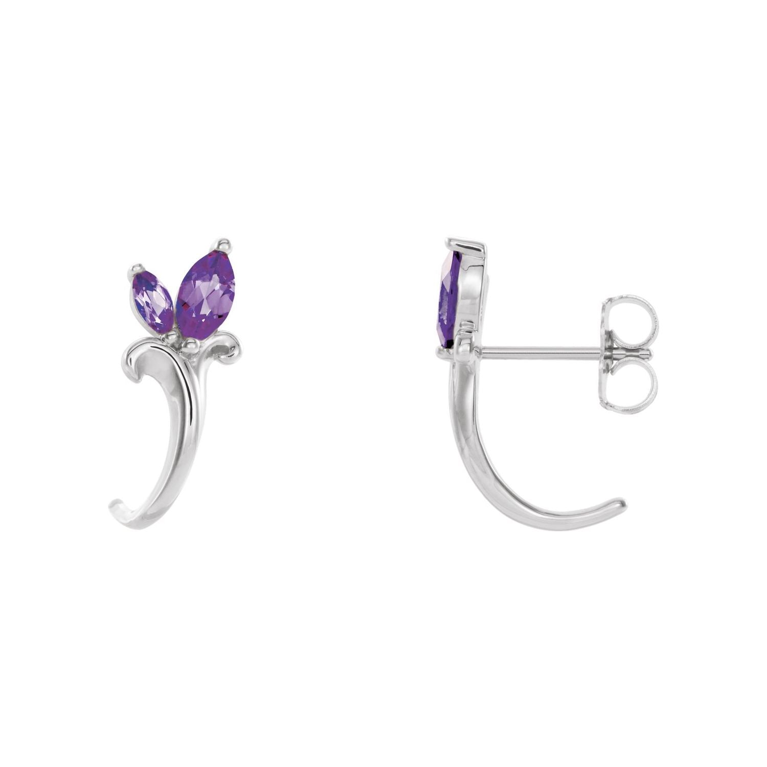 14K White Gold marquise natural amethyst floral J-hoop earrings