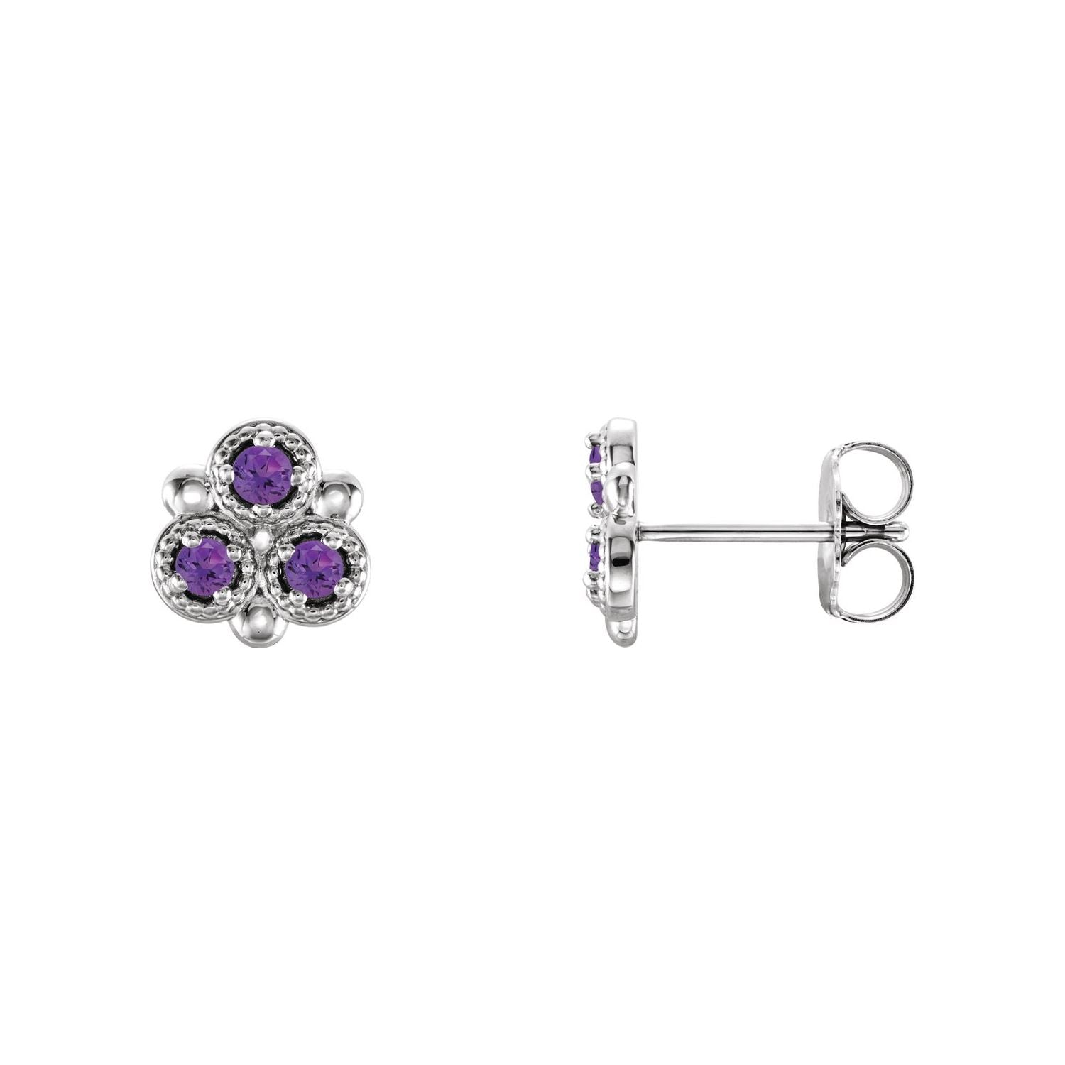 14K White Gold or Platinum round natural amethyst three-stone stud earrings