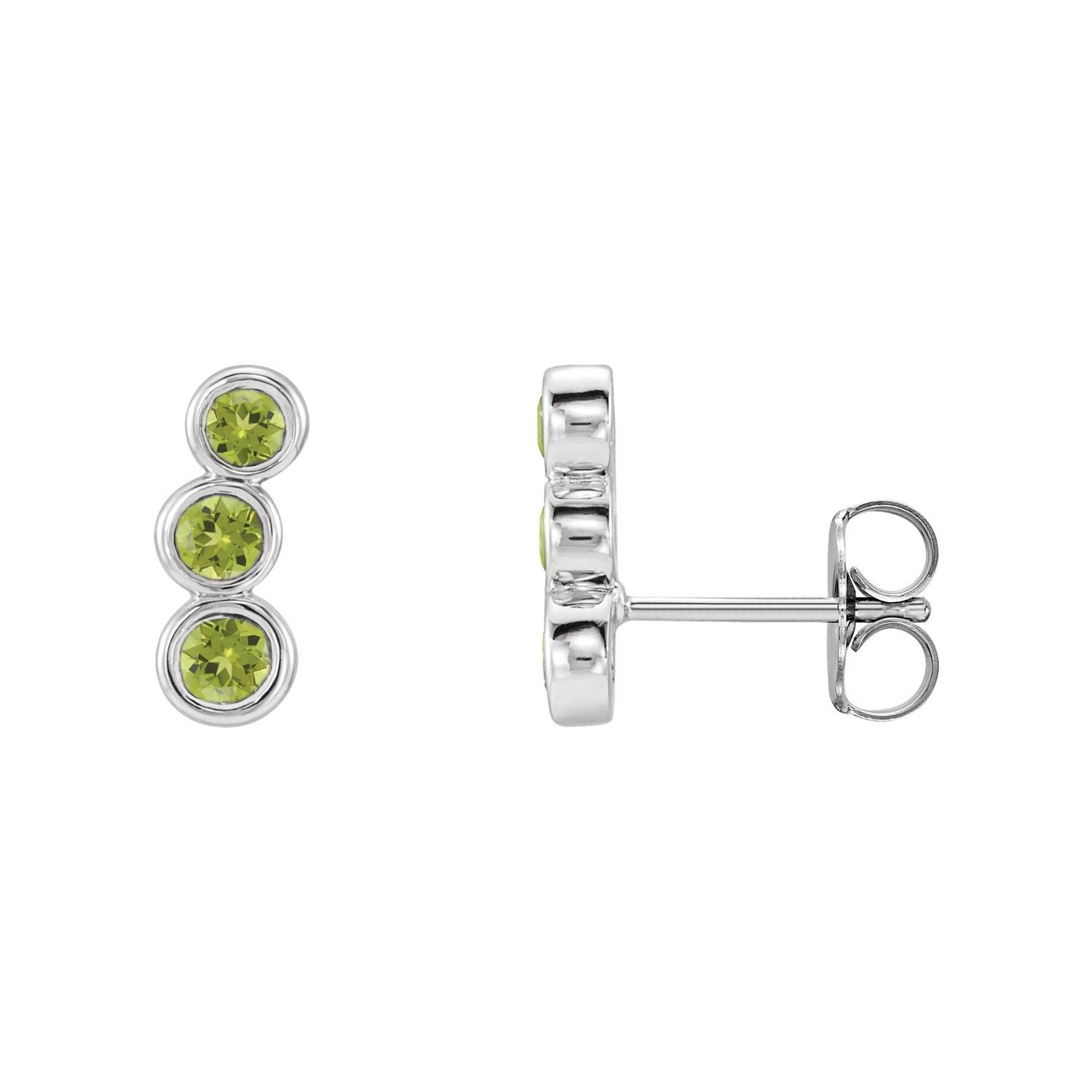 14K White Gold or Platinum round natural peridot three-stone ear climbers
