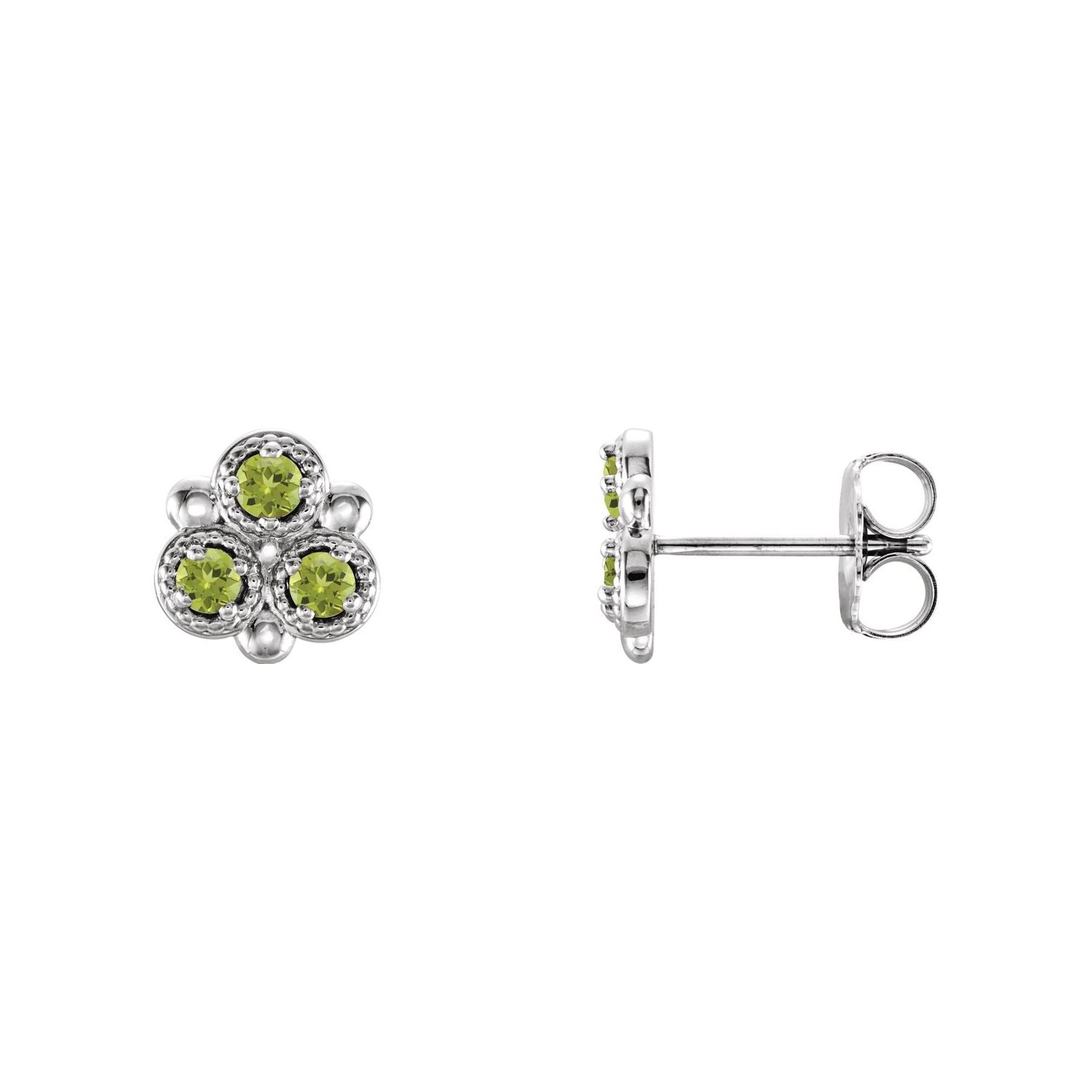 14K White Gold or Platinum round natural peridot three-stone stud earrings
