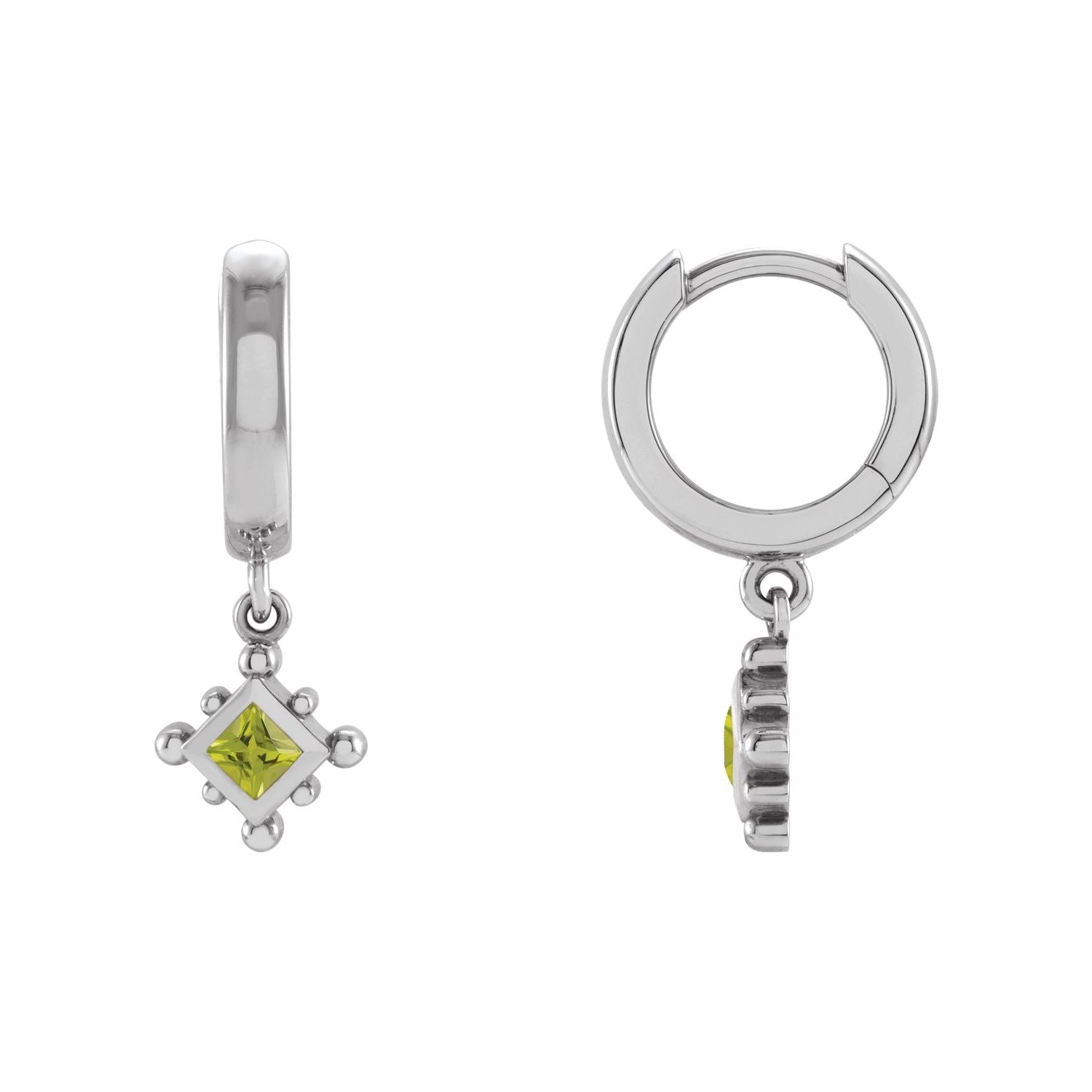 14K White Gold or Platinum square princess-cut natural peridot beaded bezel dangle hoop earrings