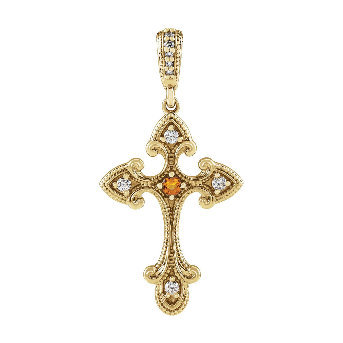 14K Yellow Gold milgrain fleur-tipped cross with citrine centre — Citrine and Diamond Cross Necklace, pendant shown without its chain