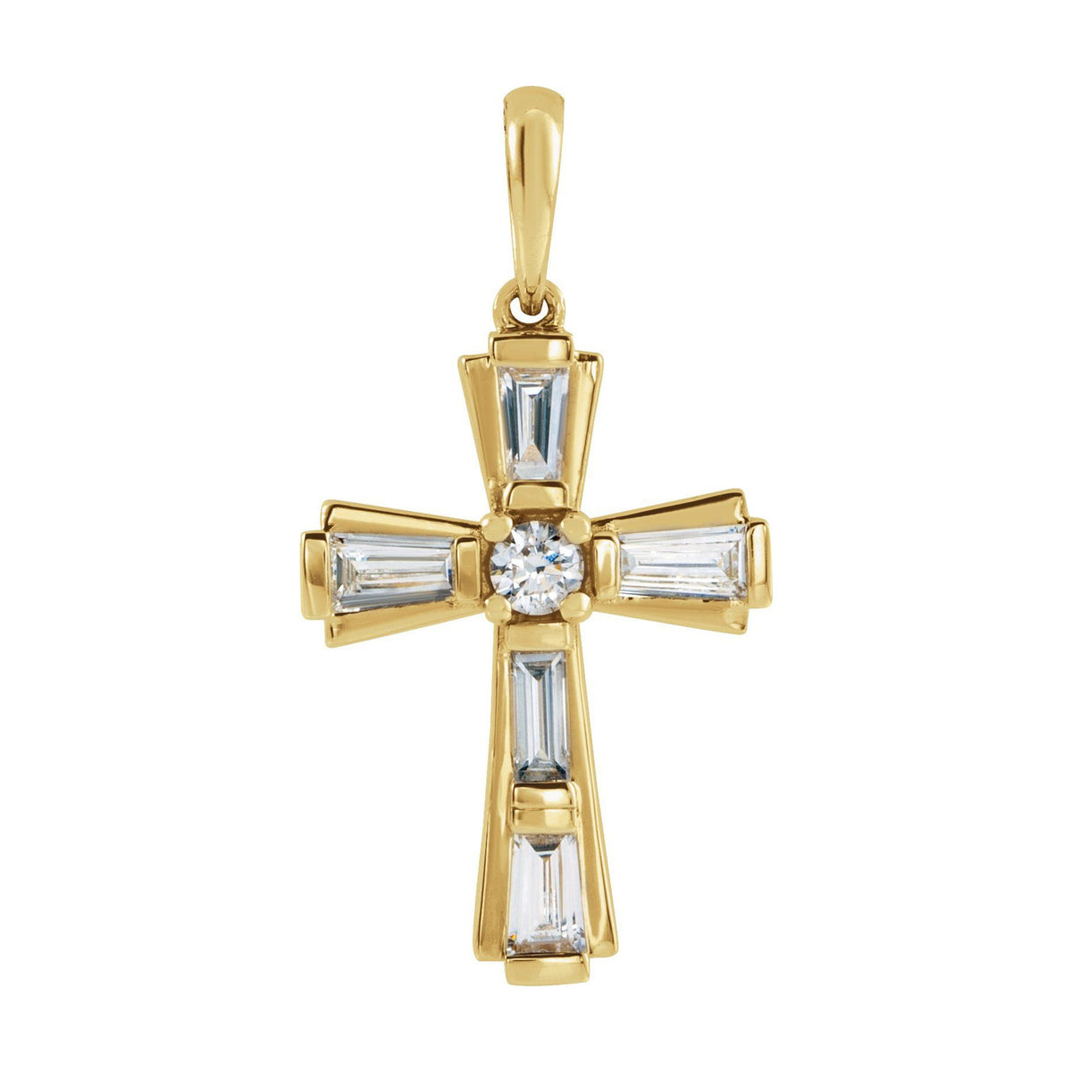 14K Yellow Gold starburst cross — Flared Baguette Diamond Cross Necklace, pendant shown without its chain