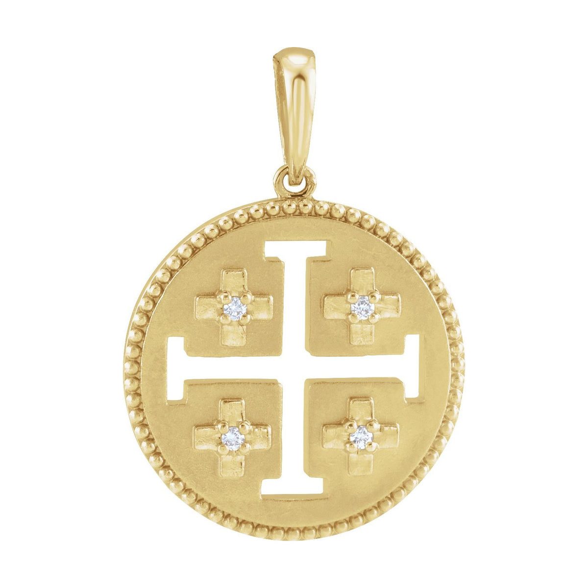 14K Yellow Gold beaded-rim disc medallion with pierced Jerusalem cross — Jerusalem Cross Medallion Necklace, pendant shown without its chain