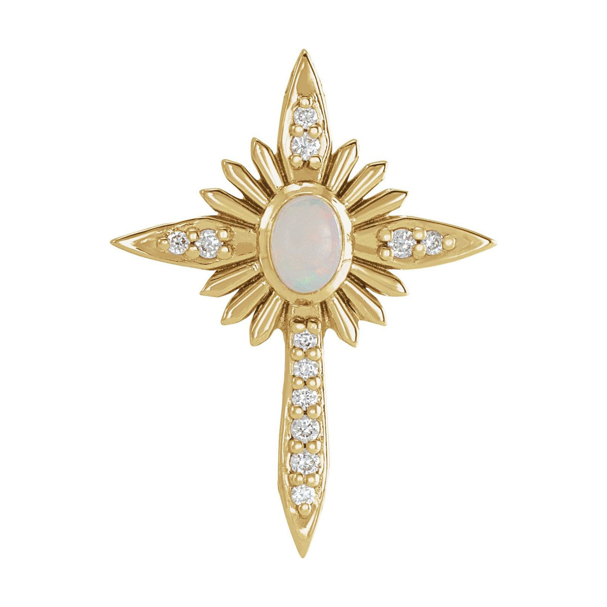 14K Yellow Gold radiant nativity cross with oval opal centre — Opal Nativity Cross Necklace, pendant shown without its chain