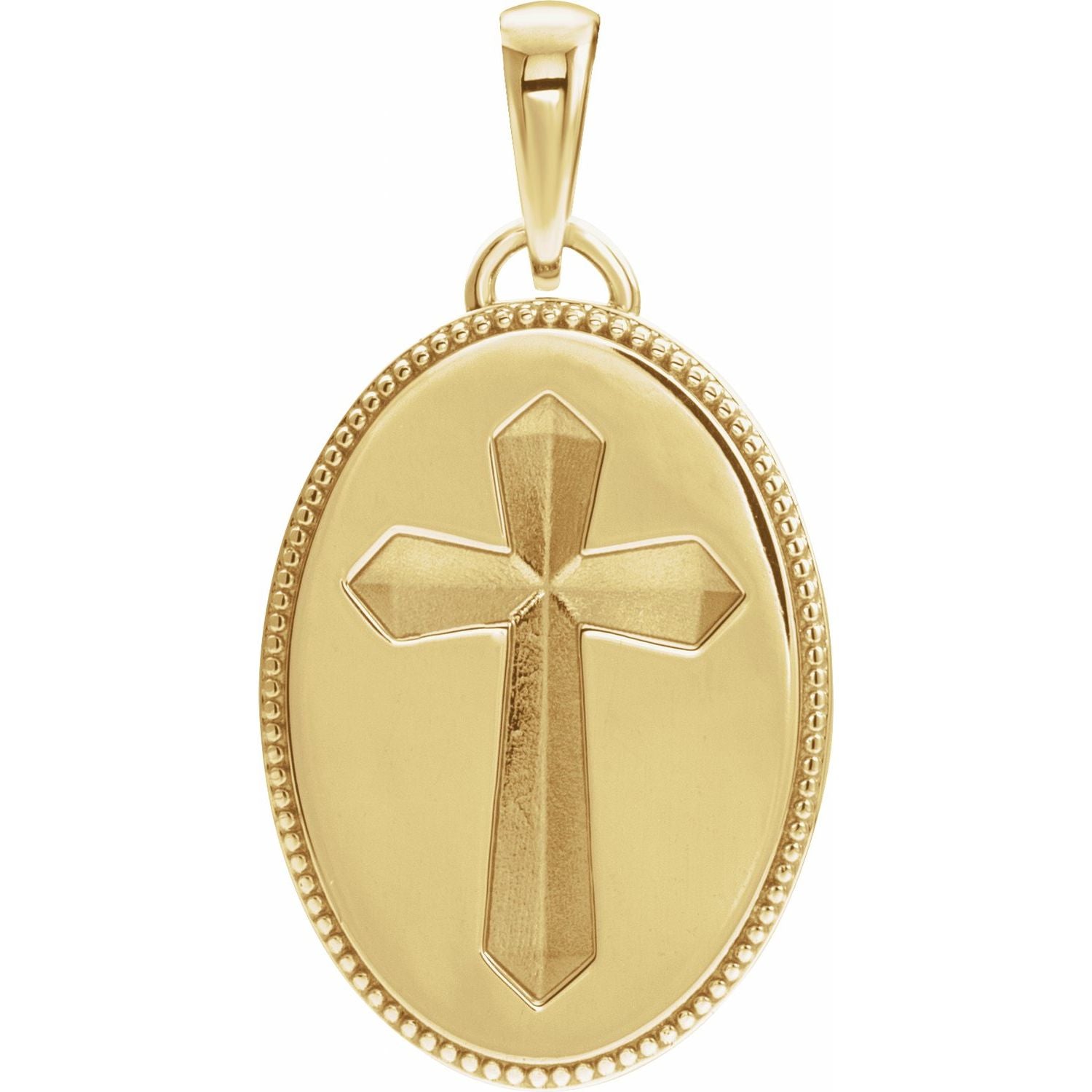 Oval Medal Gold Cross Necklace pendant in 14K Yellow Gold, shown without its chain