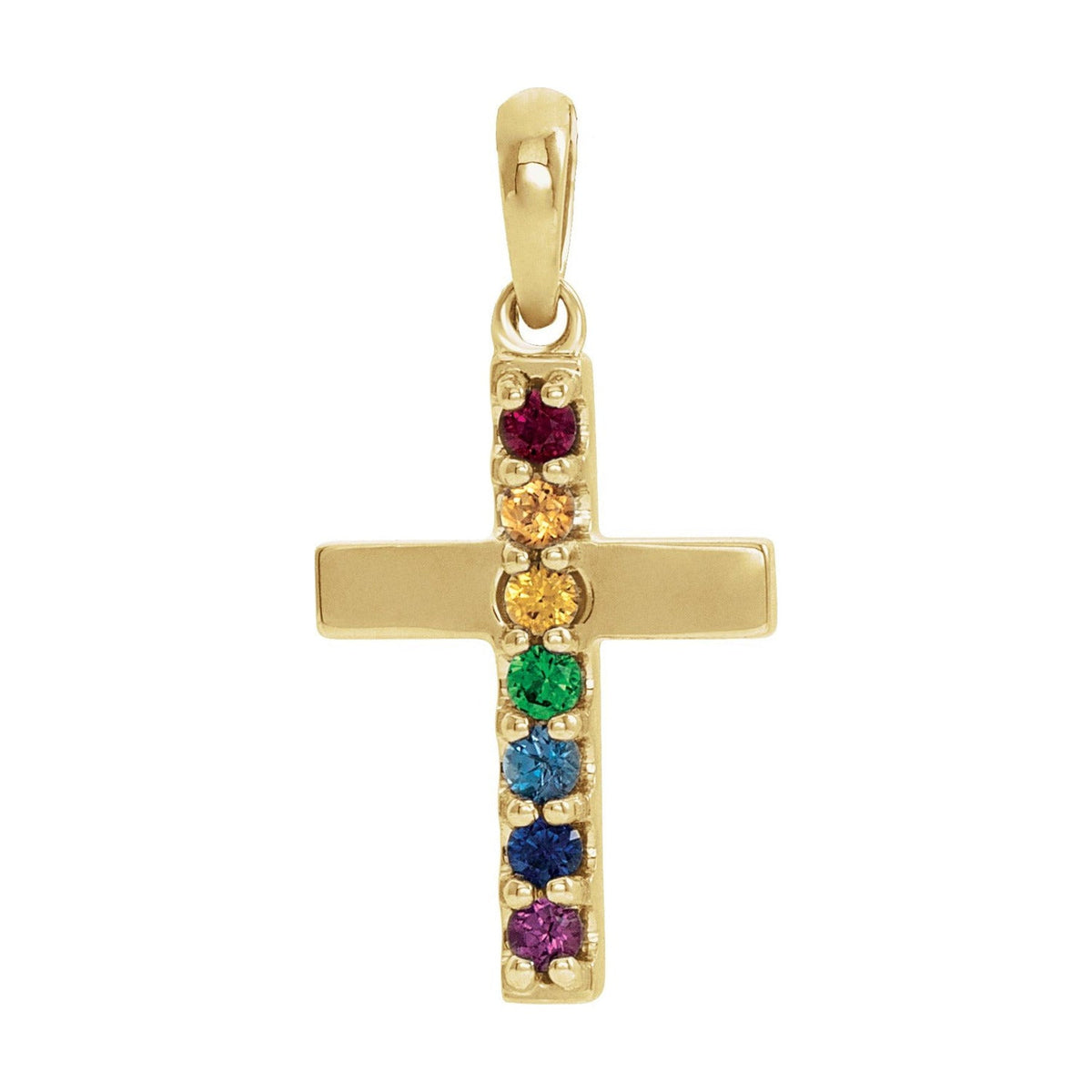 Rainbow Gemstone Cross Pendant in 14K Yellow Gold