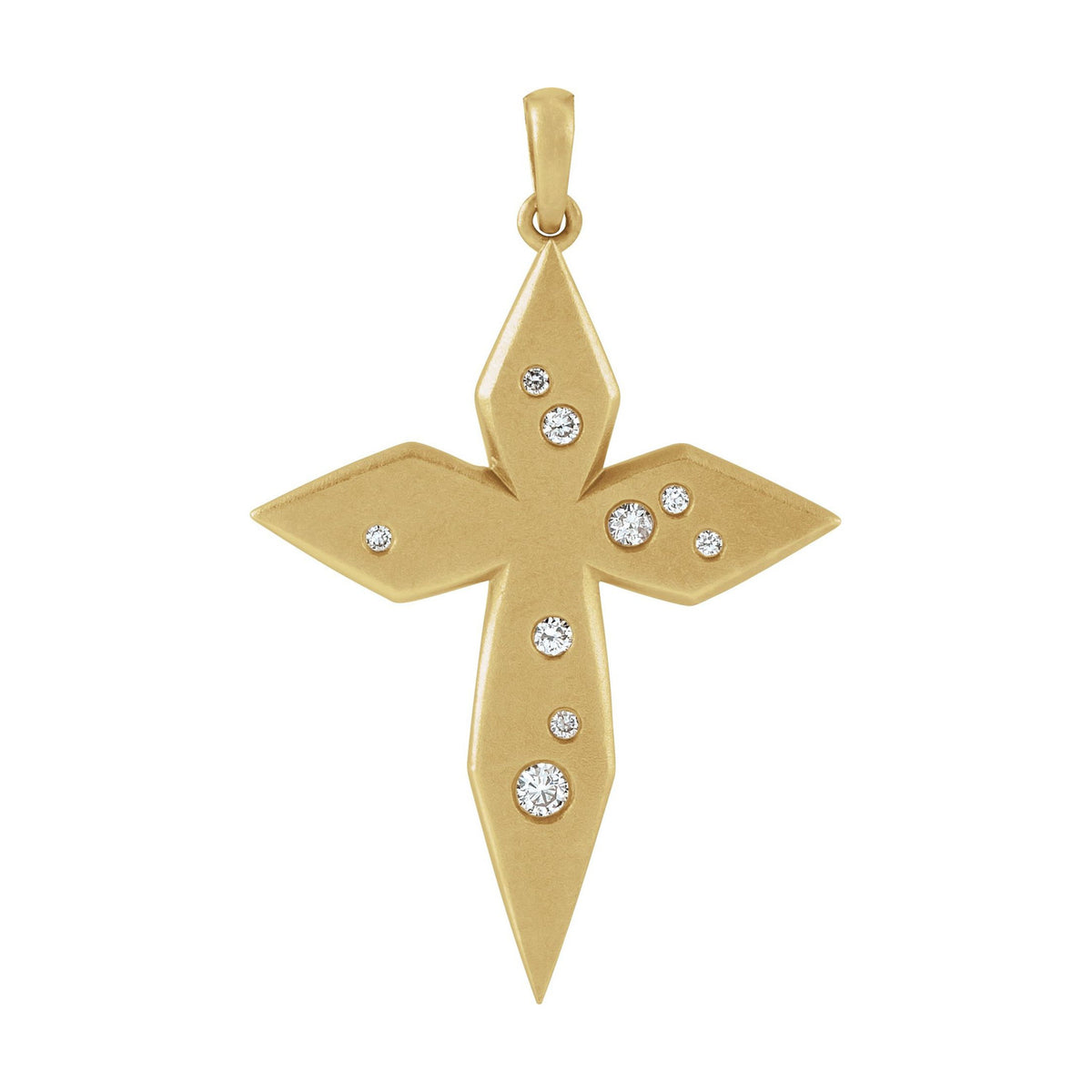 14K Yellow Gold satin-finished pointed-lozenge cross — Satin Lozenge Diamond Cross Necklace, pendant shown without its chain