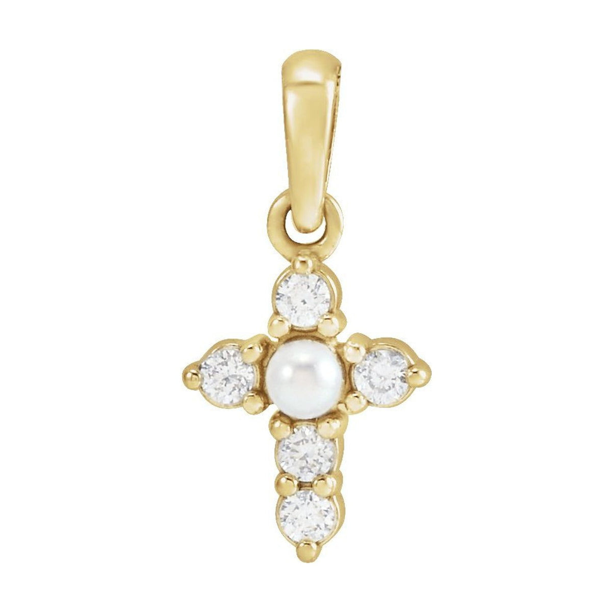 Seed Pearl and Diamond Cross Pendant in 14K Yellow Gold