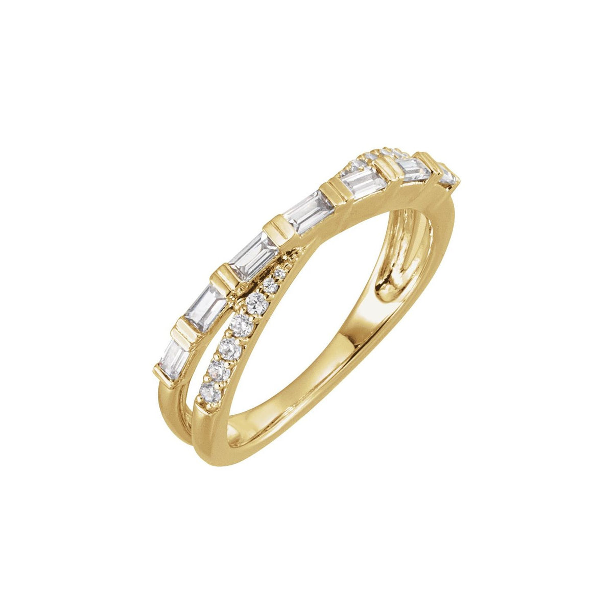 Baguette Criss-Cross Natural Diamond Ring in 14K Yellow Gold