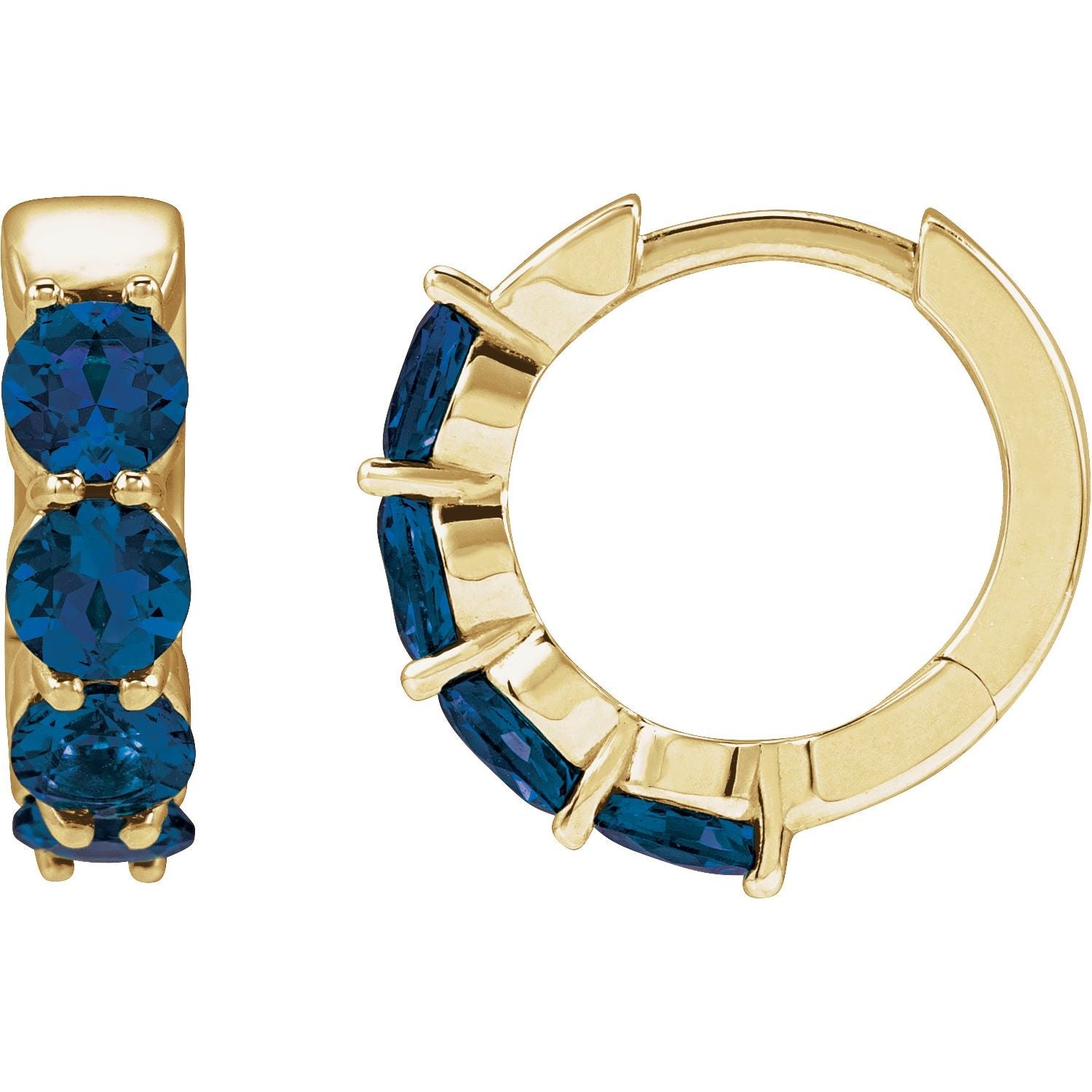 14K Yellow Gold round lab-grown blue sapphire earrings